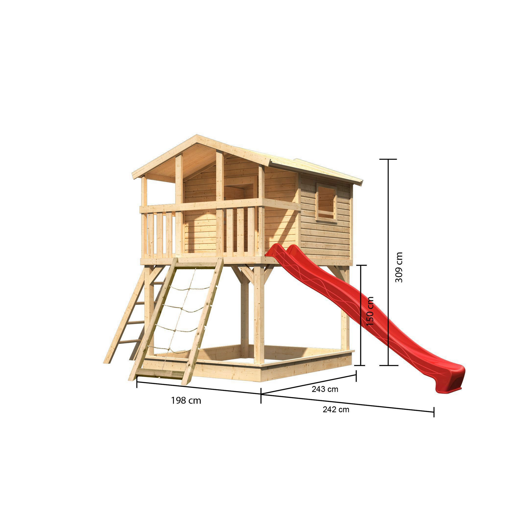 Stelzenhaus 'Ciana' naturbelassen mit Netzrampe, Rutsche rot 440 x 244 x 309 cm