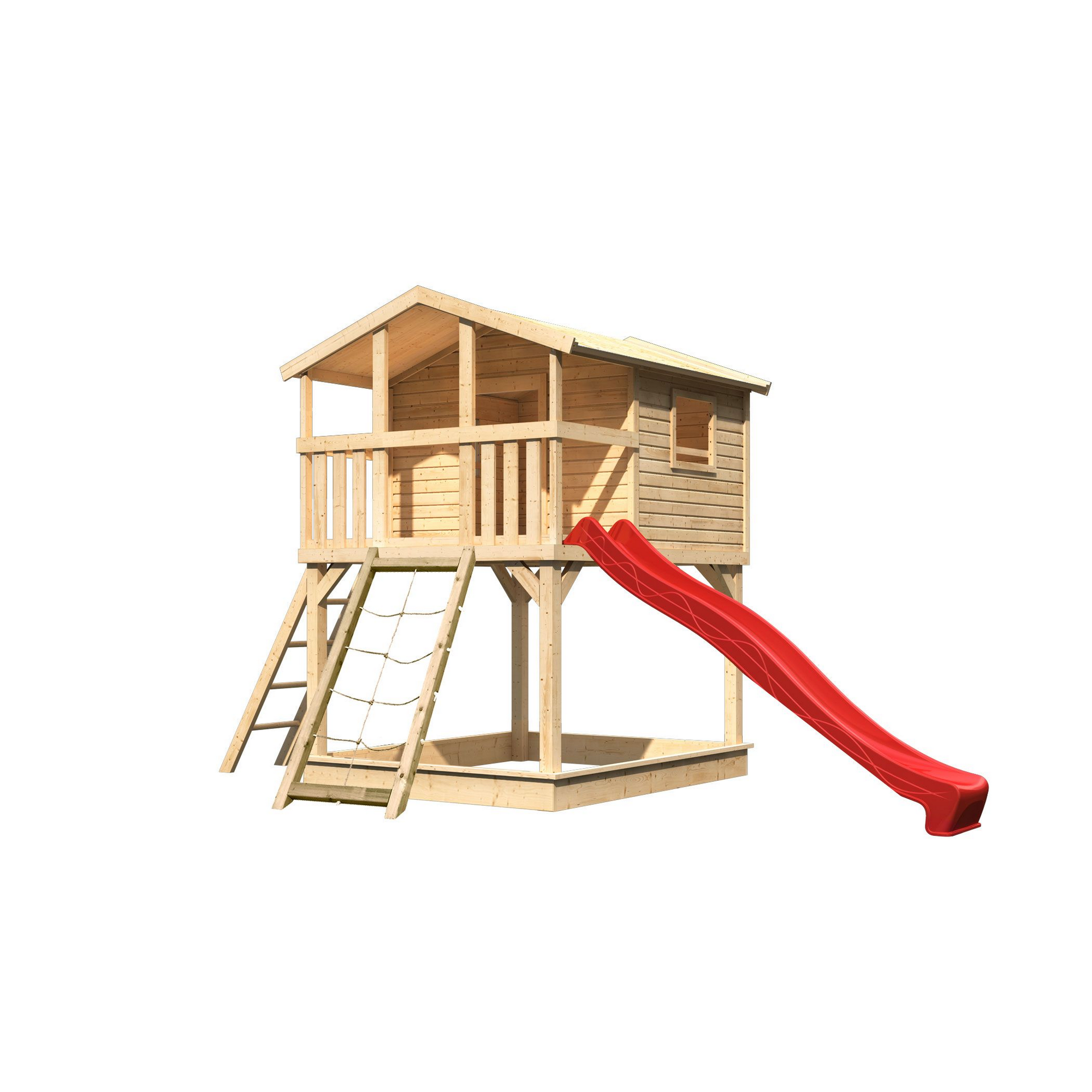 Stelzenhaus 'Ciana' naturbelassen mit Netzrampe, Rutsche rot 440 x 244 x 309 cm