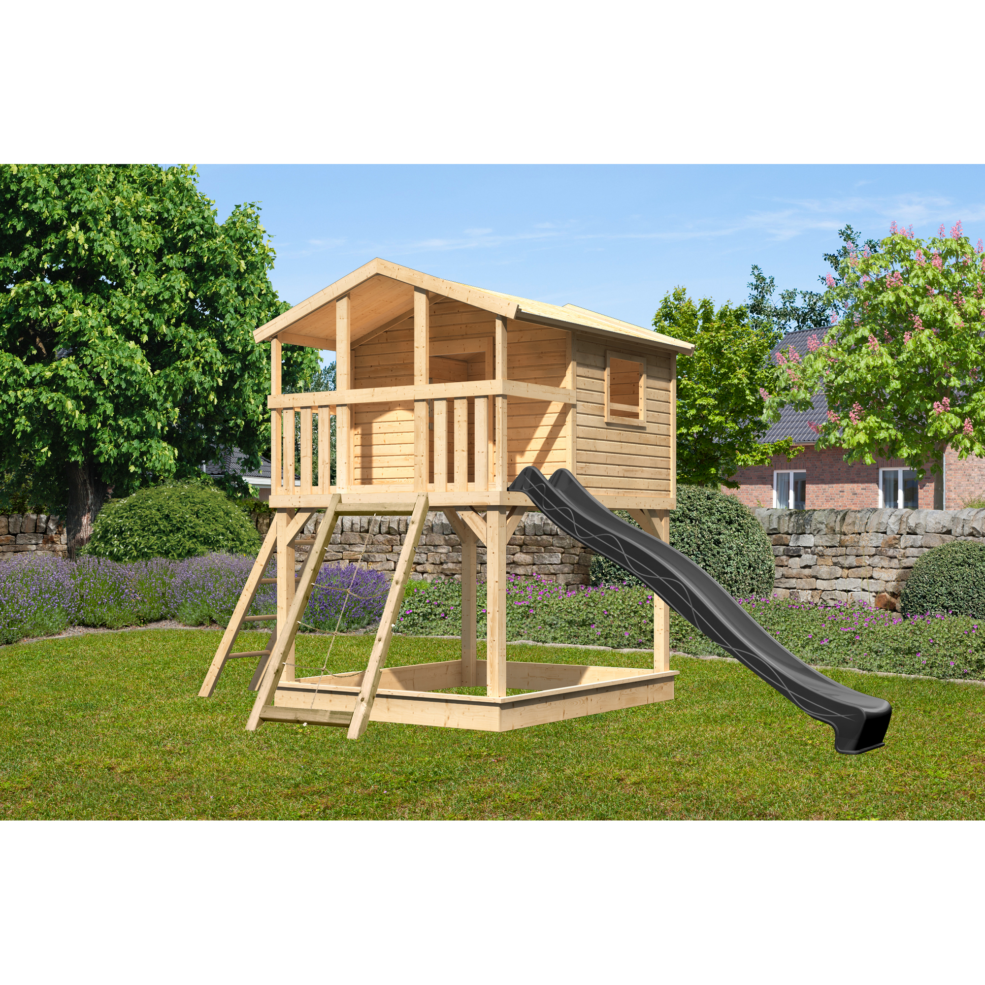 Stelzenhaus 'Ciana' naturbelassen mit Netzrampe, Rutsche anthrazit 440 x 244 x 309 cm