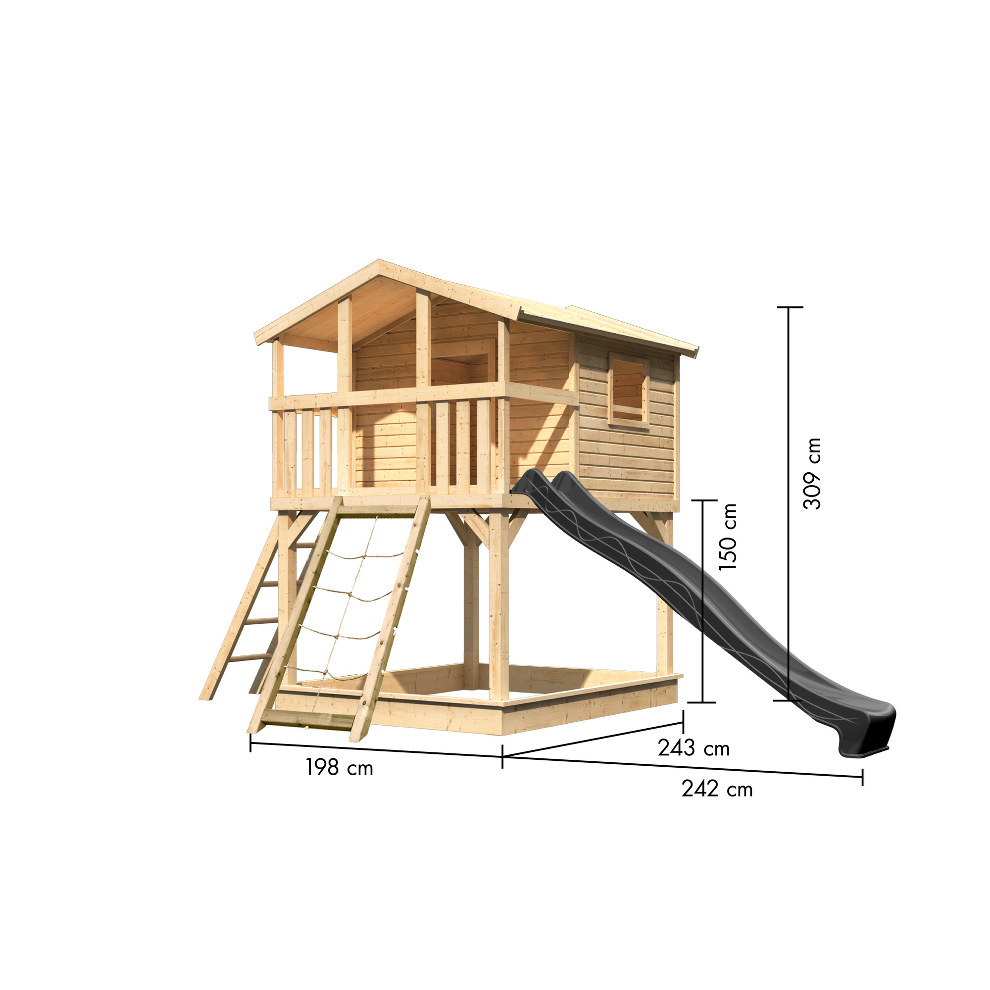 Stelzenhaus 'Ciana' naturbelassen mit Netzrampe, Rutsche anthrazit 440 x 244 x 309 cm