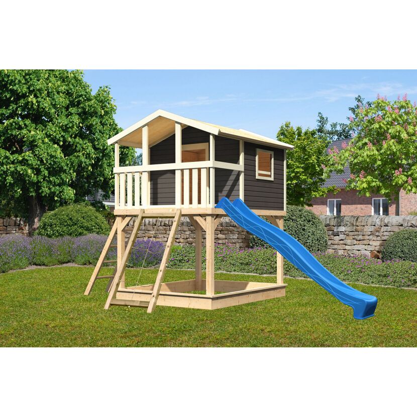 Stelzenhaus 'Ciana' terragrau mit Netzrampe, Rutsche blau 440 x 244 x 309 cm