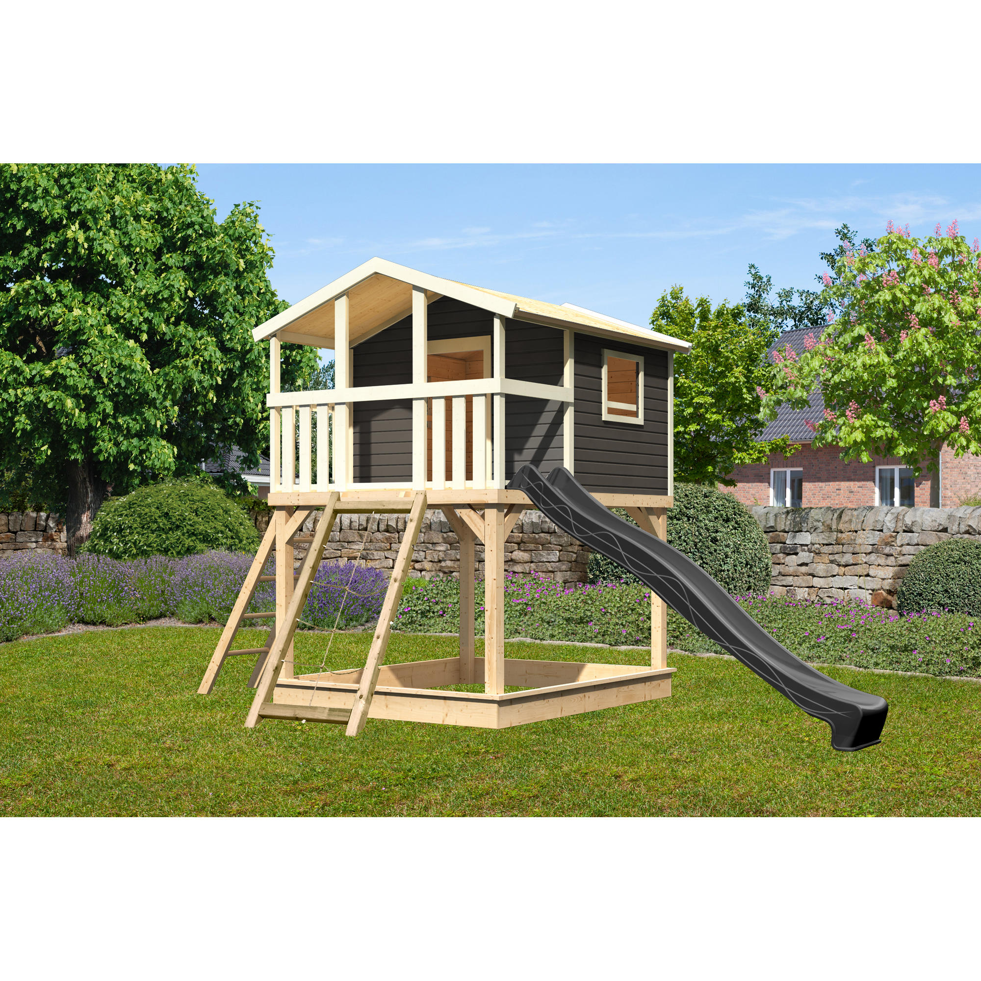 Stelzenhaus 'Ciana' naturbelassen mit Netzrampe, Rutsche anthrazit 440 x 244 x 309 cm