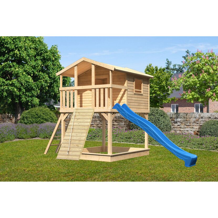 Stelzenhaus 'Ciana' naturbelassen mit Holzrampe, Rutsche blau 440 x 244 x 309 cm