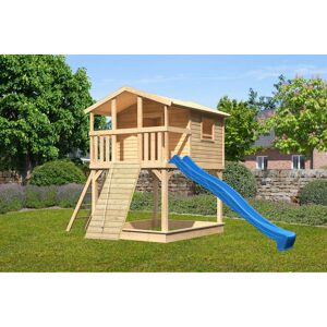 Stelzenhaus 'Ciana' naturbelassen mit Holzrampe, Rutsche blau 440 x 244 x 309 cm