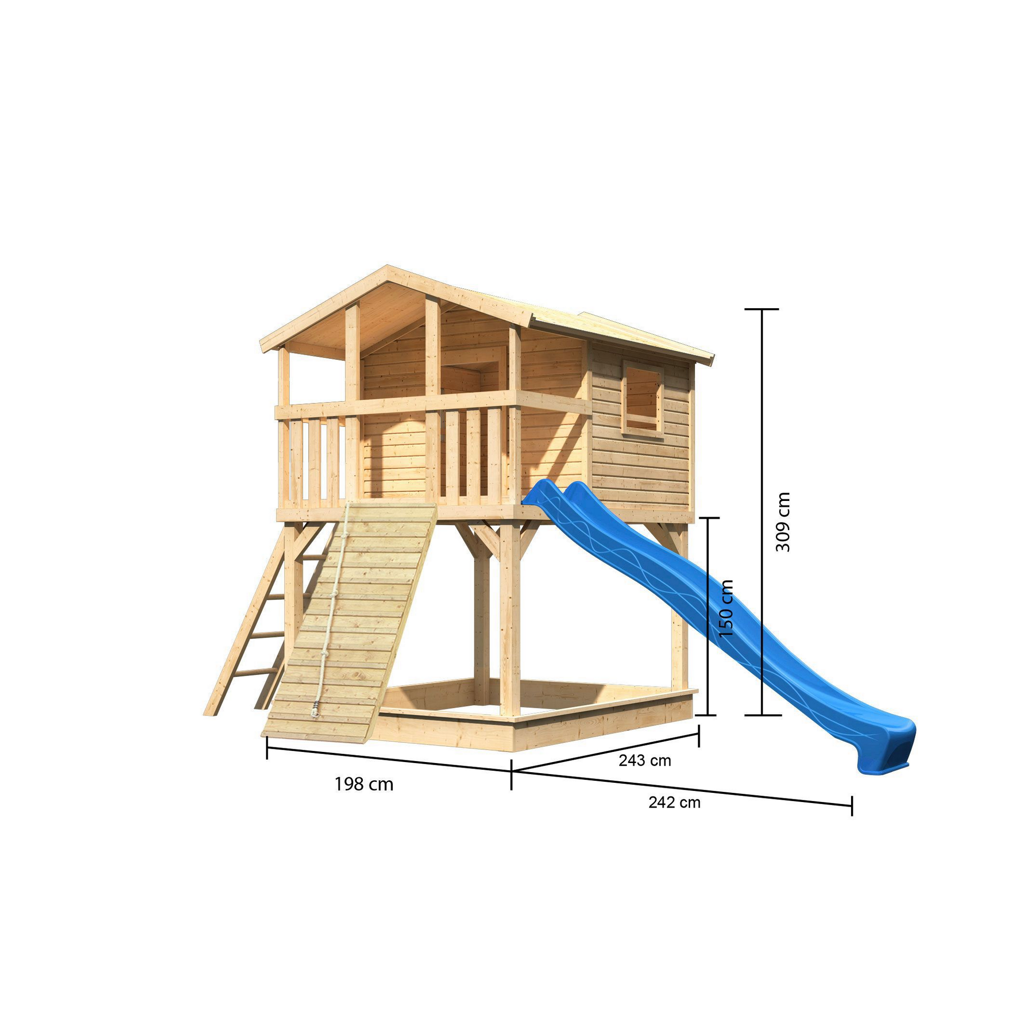 Stelzenhaus 'Ciana' naturbelassen mit Holzrampe, Rutsche blau 440 x 244 x 309 cm