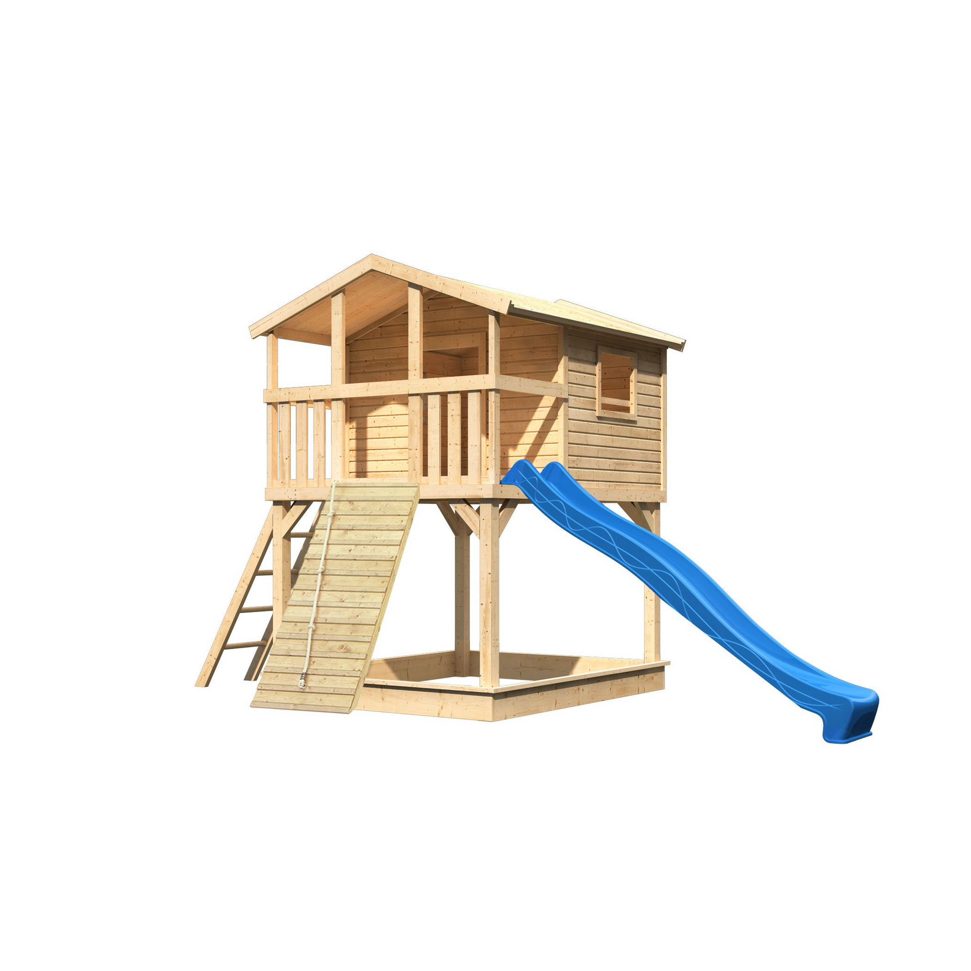 Stelzenhaus 'Ciana' naturbelassen mit Holzrampe, Rutsche blau 440 x 244 x 309 cm