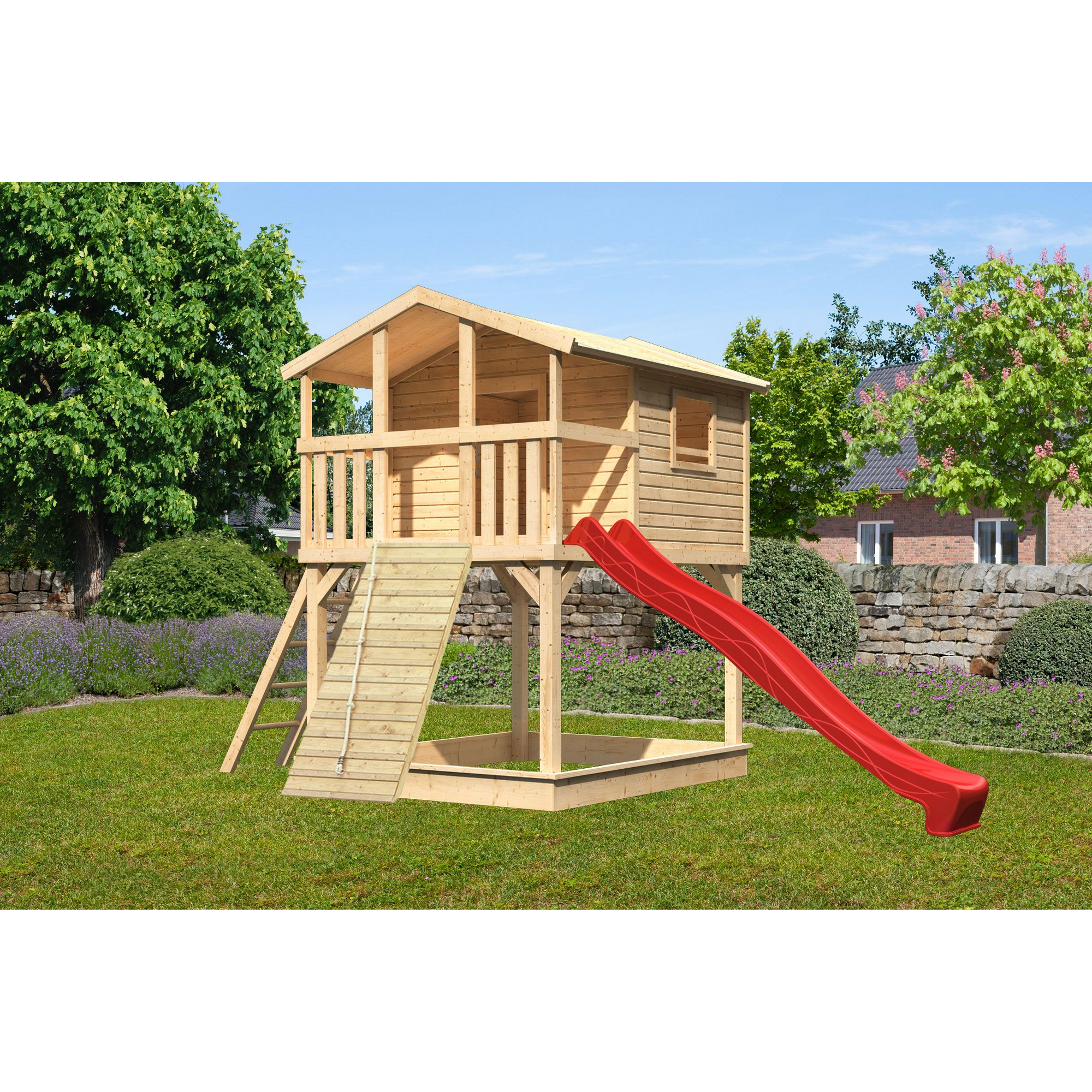 Stelzenhaus 'Ciana' naturbelassen mit Holzrampe, Rutsche rot 440 x 244 x 309 cm