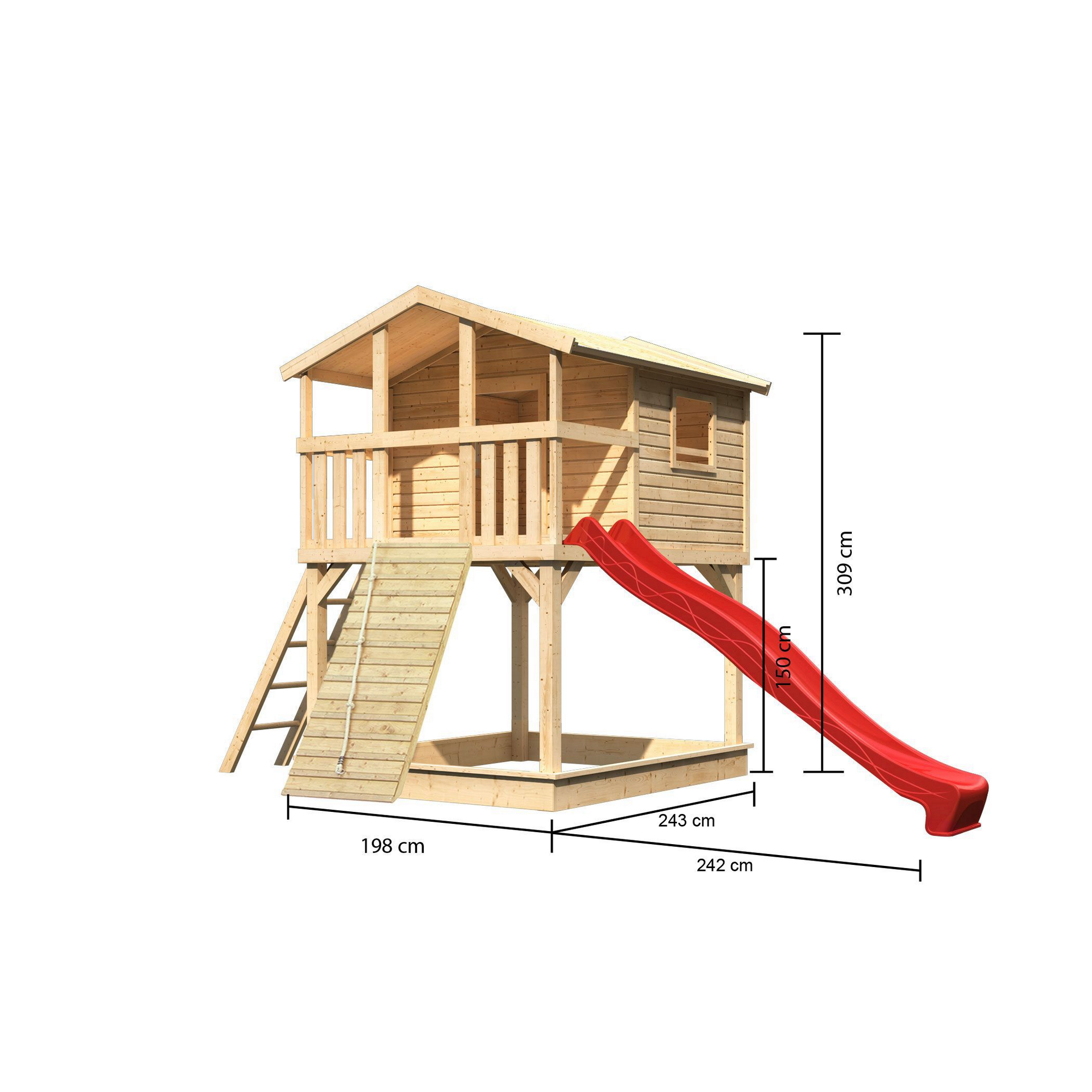Stelzenhaus 'Ciana' naturbelassen mit Holzrampe, Rutsche rot 440 x 244 x 309 cm
