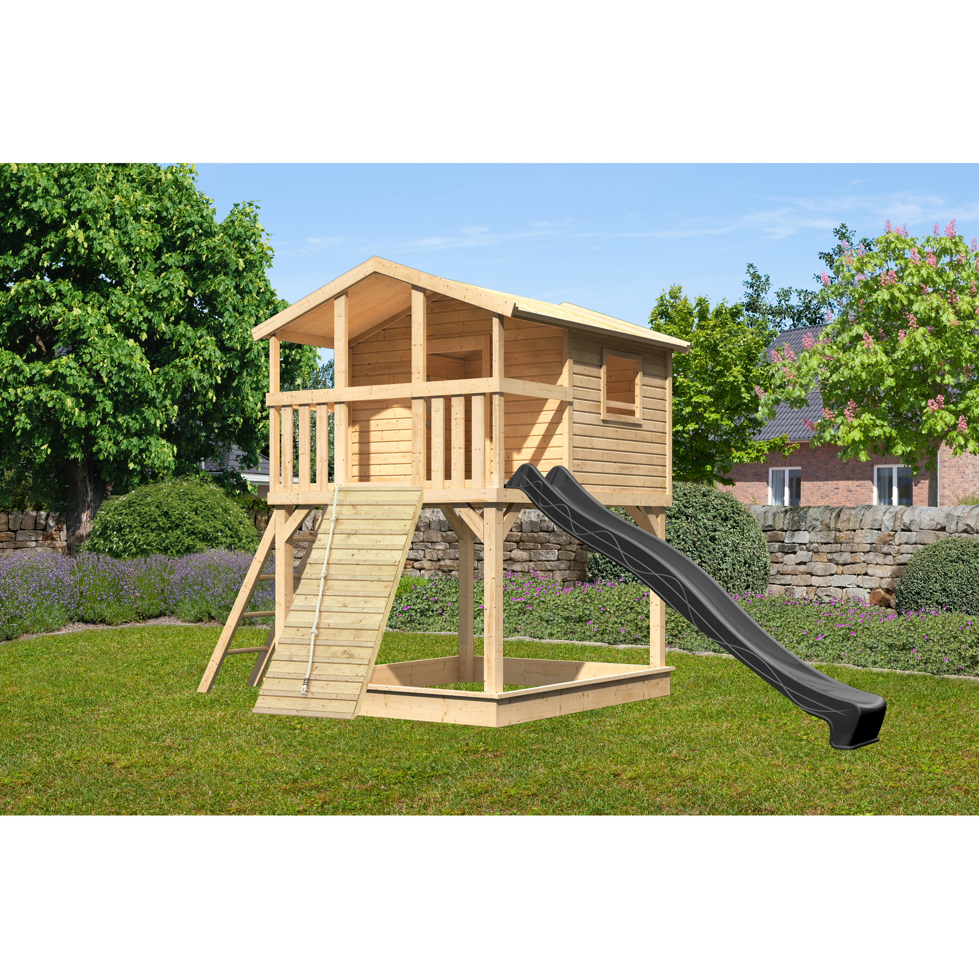 Stelzenhaus 'Ciana' naturbelassen mit Holzrampe, Rutsche anthrazit 440 x 244 x 309 cm