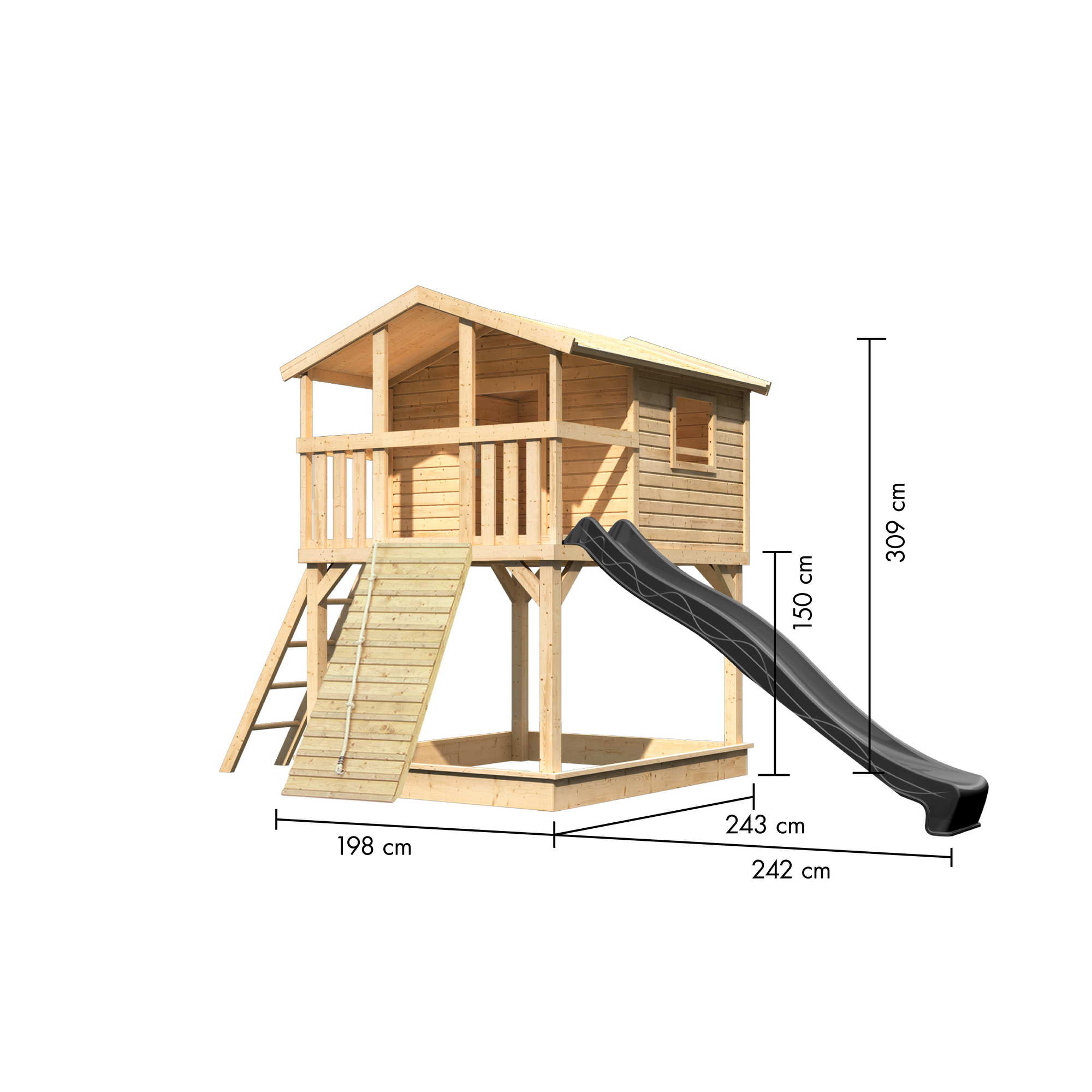 Stelzenhaus 'Ciana' naturbelassen mit Holzrampe, Rutsche anthrazit 440 x 244 x 309 cm