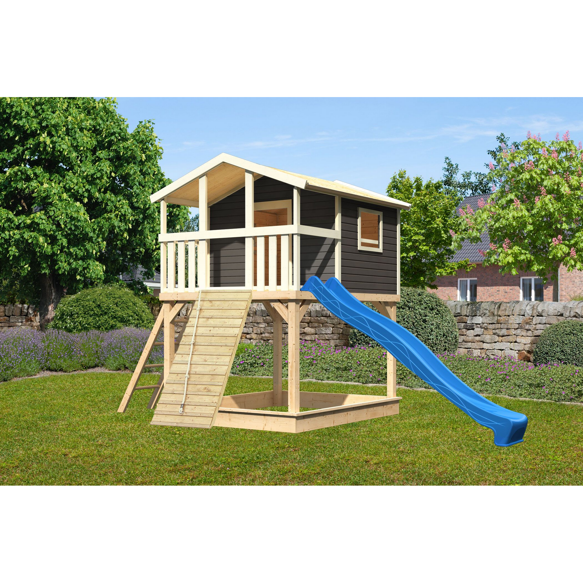 Stelzenhaus 'Ciana' terragrau mit Holzrampe, Rutsche blau 440 x 244 x 309 cm