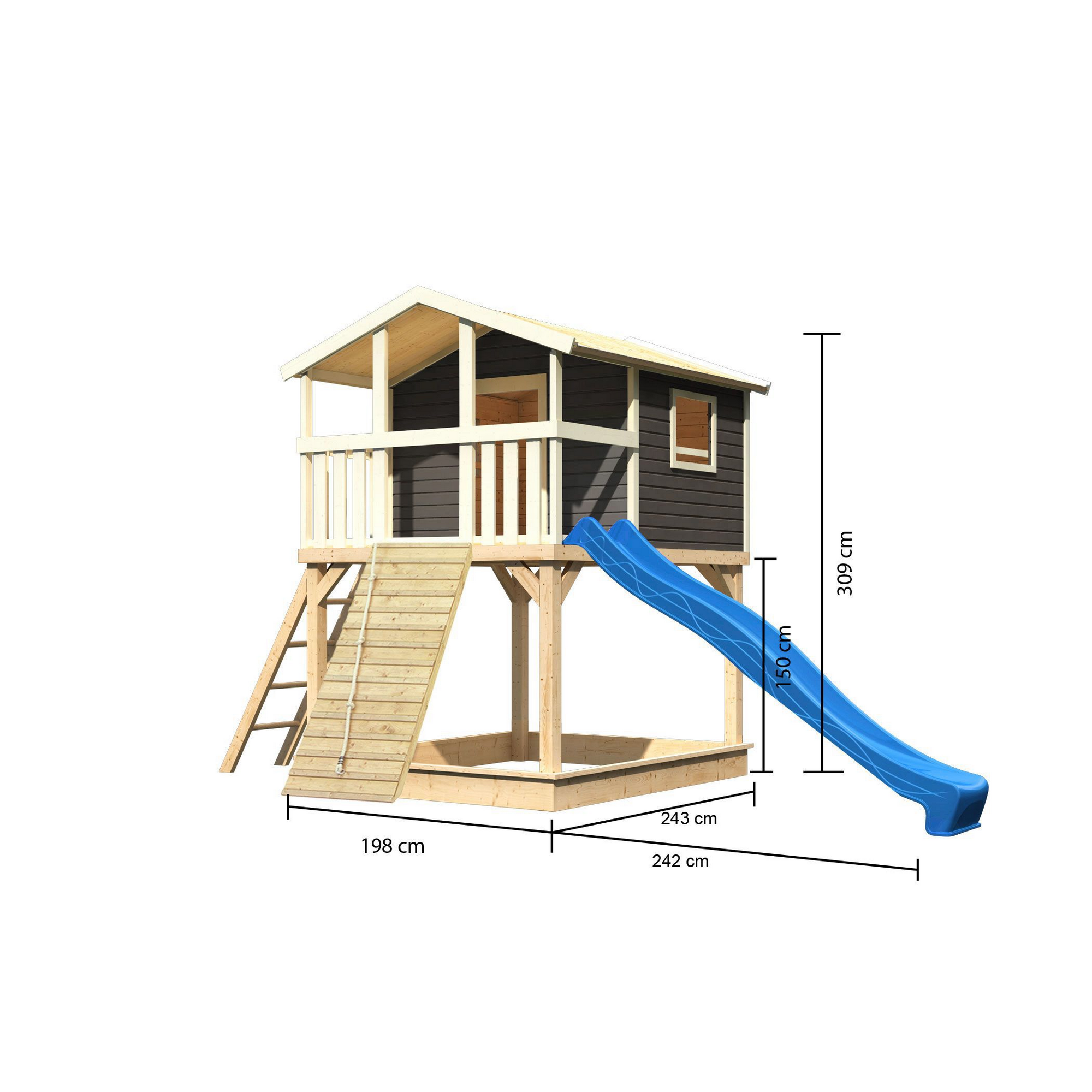 Stelzenhaus 'Ciana' terragrau mit Holzrampe, Rutsche blau 440 x 244 x 309 cm