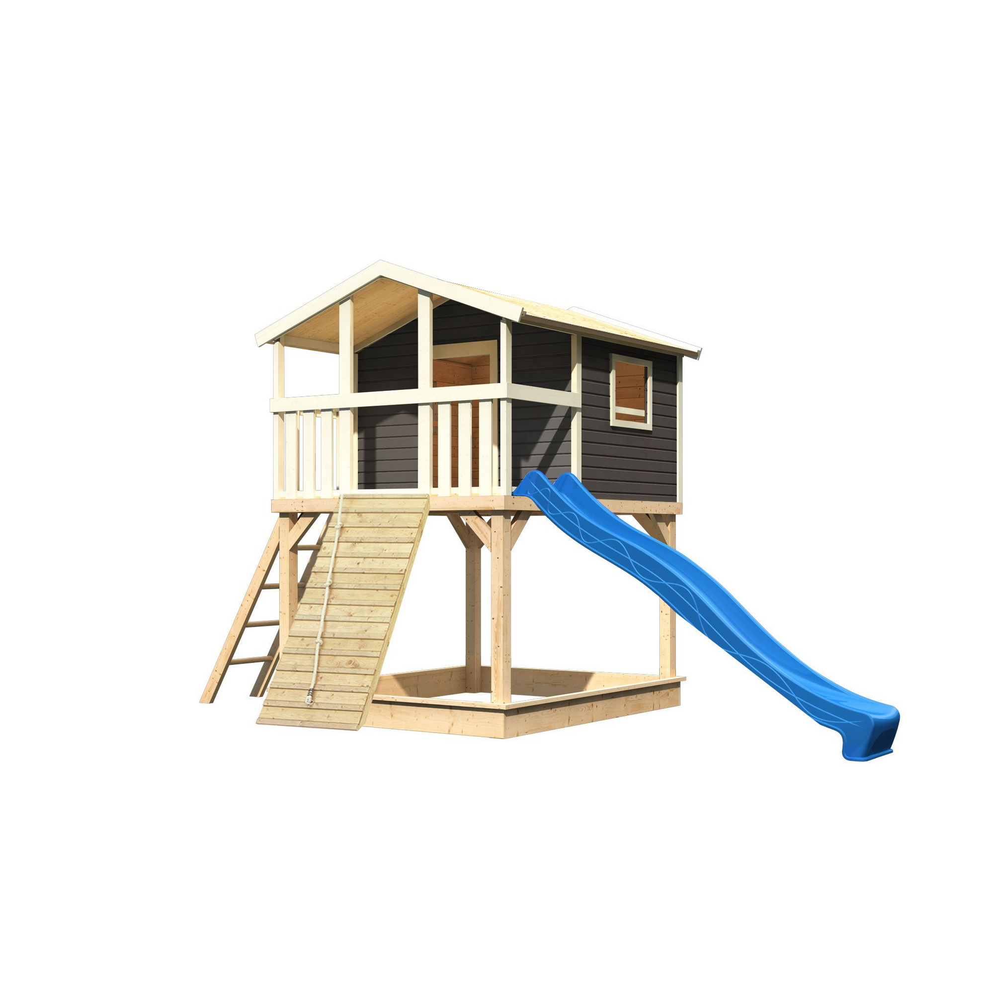 Stelzenhaus 'Ciana' terragrau mit Holzrampe, Rutsche blau 440 x 244 x 309 cm