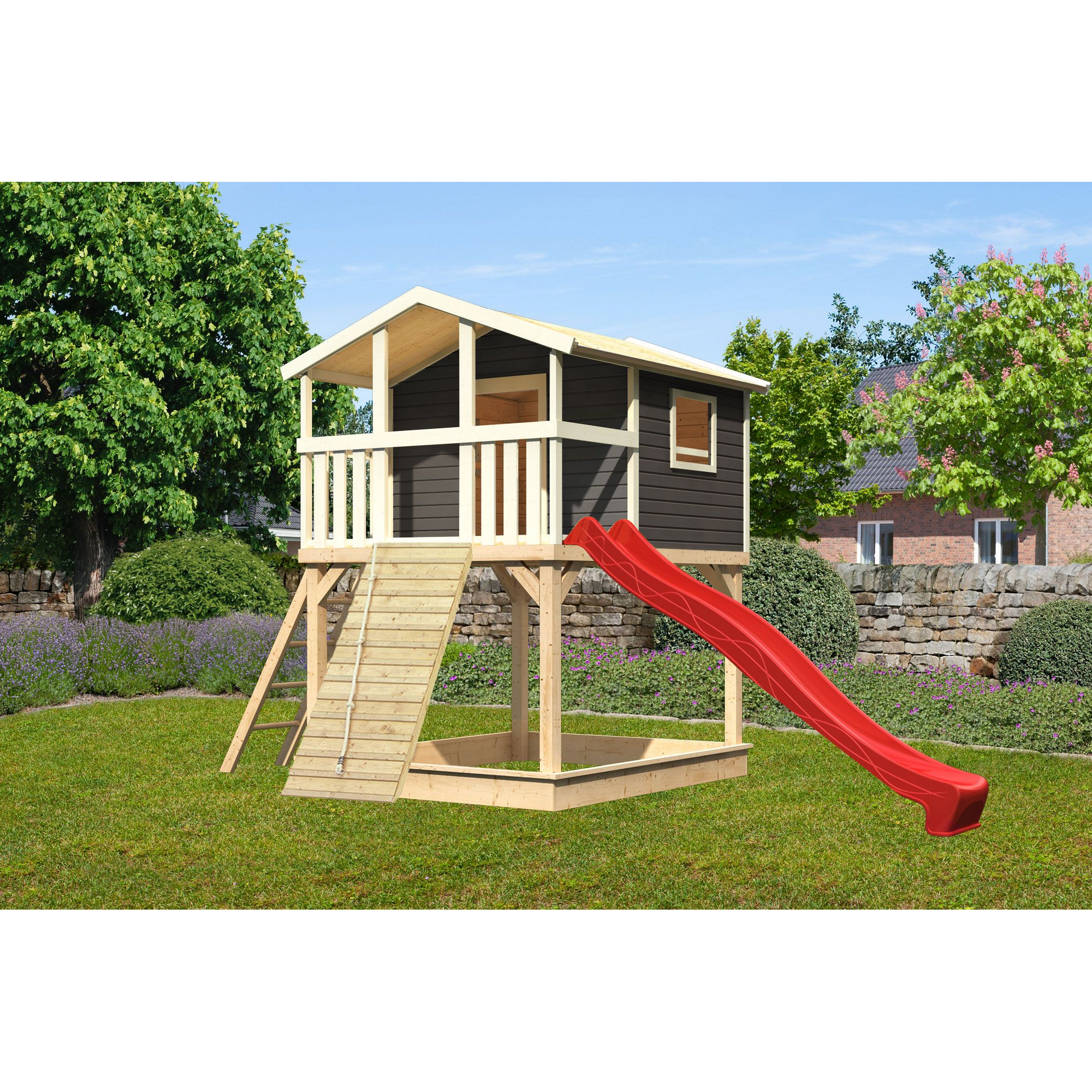 Stelzenhaus 'Ciana' terragrau mit Holzrampe, Rutsche rot 440 x 244 x 309 cm