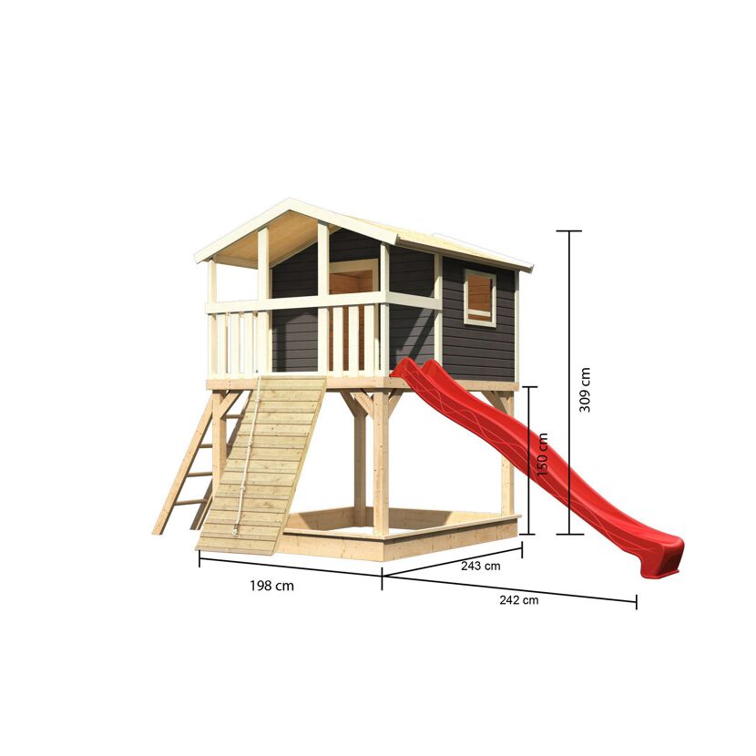 Stelzenhaus 'Ciana' terragrau mit Holzrampe, Rutsche rot 440 x 244 x 309 cm