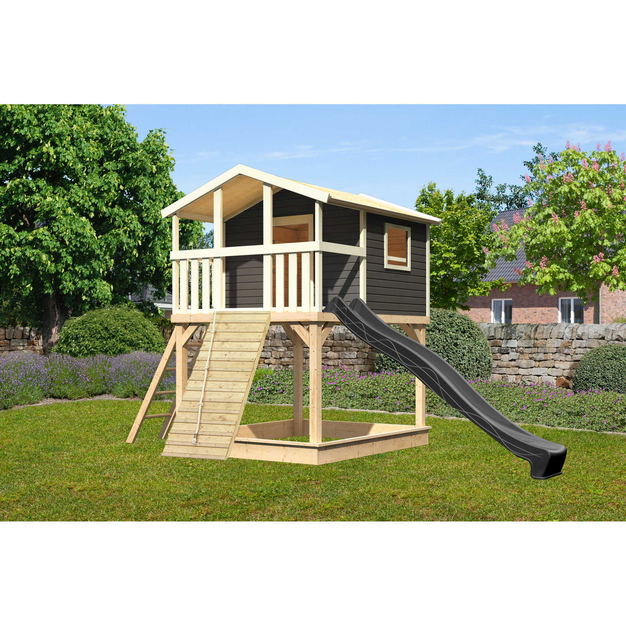 Stelzenhaus 'Ciana' terragrau mit Holzrampe, Rutsche anthrazit 440 x 244 x 309 cm