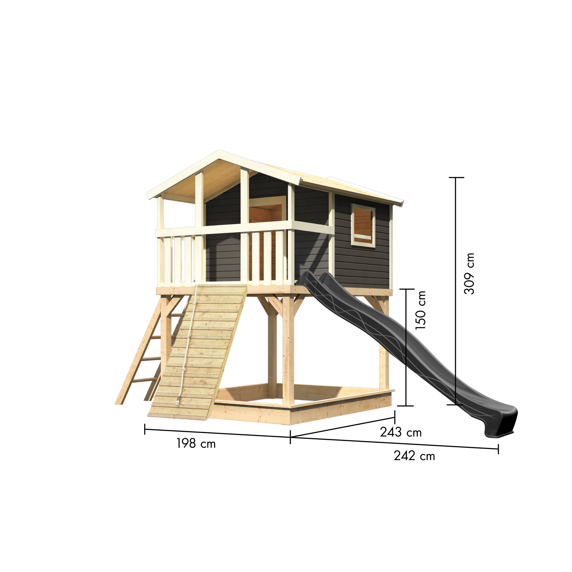 Stelzenhaus 'Ciana' terragrau mit Holzrampe, Rutsche anthrazit 440 x 244 x 309 cm