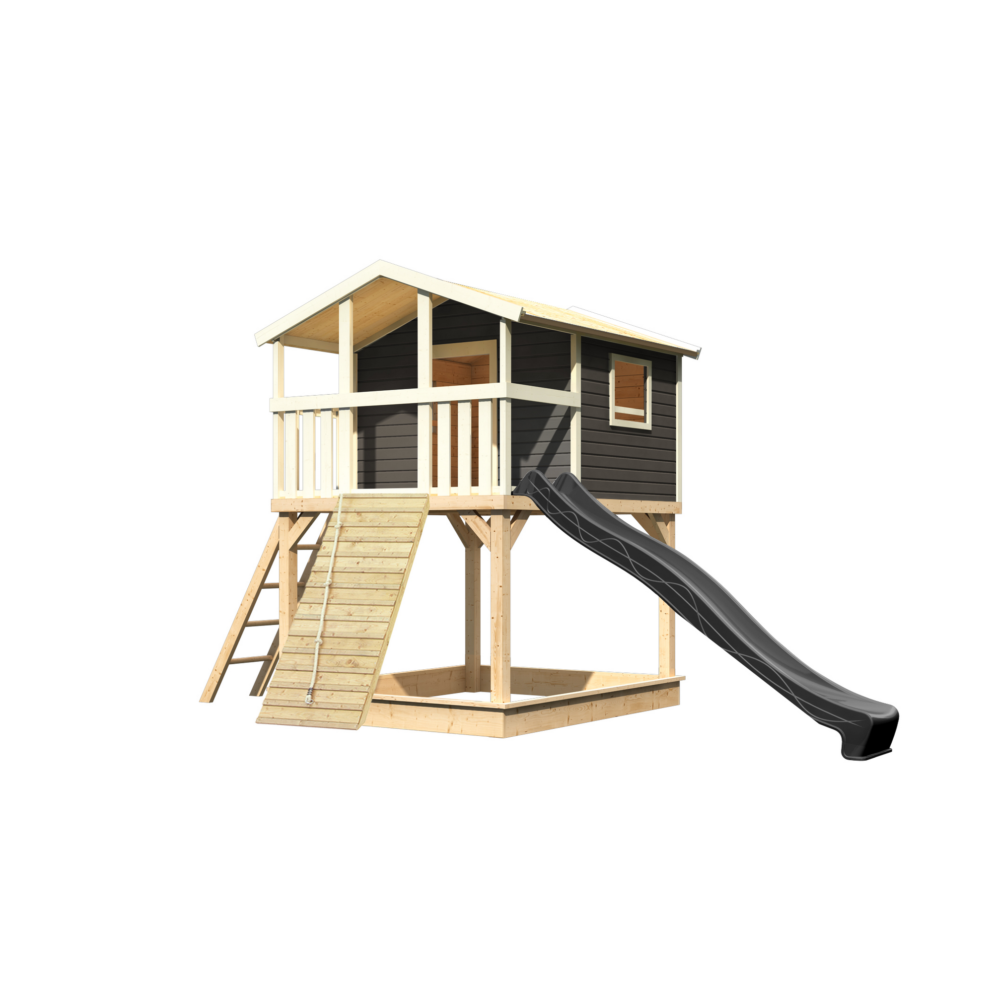 Stelzenhaus 'Ciana' terragrau mit Holzrampe, Rutsche anthrazit 440 x 244 x 309 cm