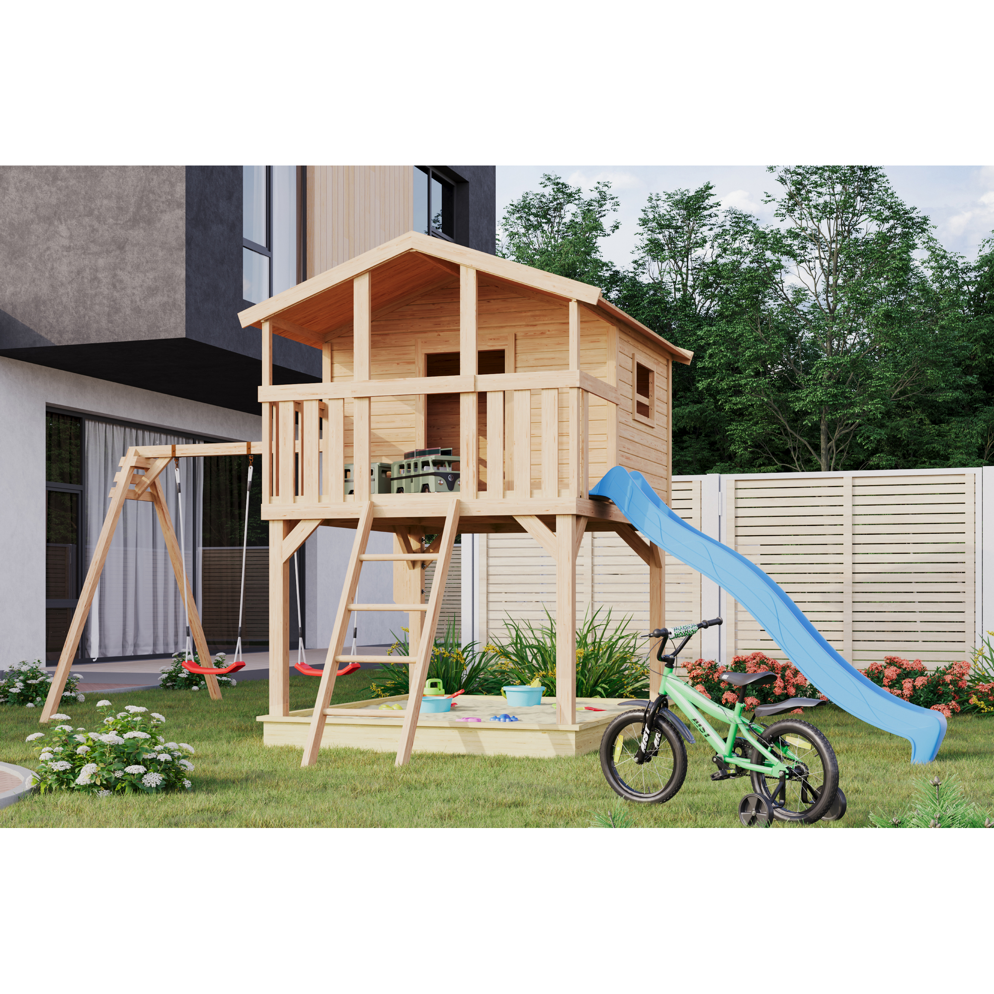 Stelzenhaus 'Ciana' naturbelassen mit Doppelschaukel, Rutsche blau 680 x 264 x 309 cm