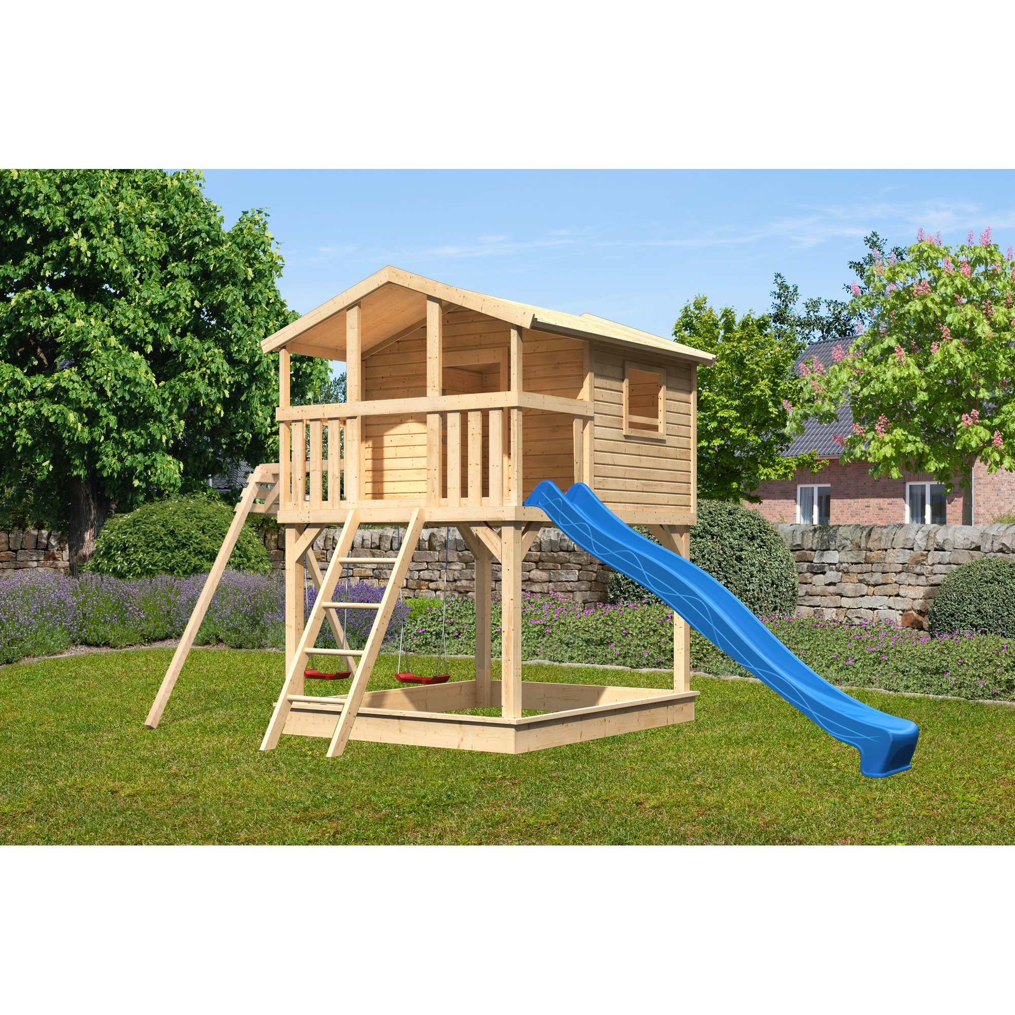 Stelzenhaus 'Ciana' naturbelassen mit Doppelschaukel, Rutsche blau 680 x 264 x 309 cm