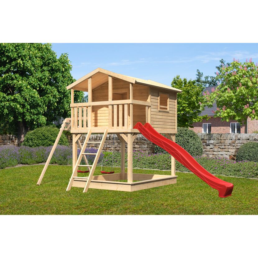 Stelzenhaus 'Ciana' naturbelassen mit Doppelschaukel, Rutsche rot 680 x 264 x 309 cm
