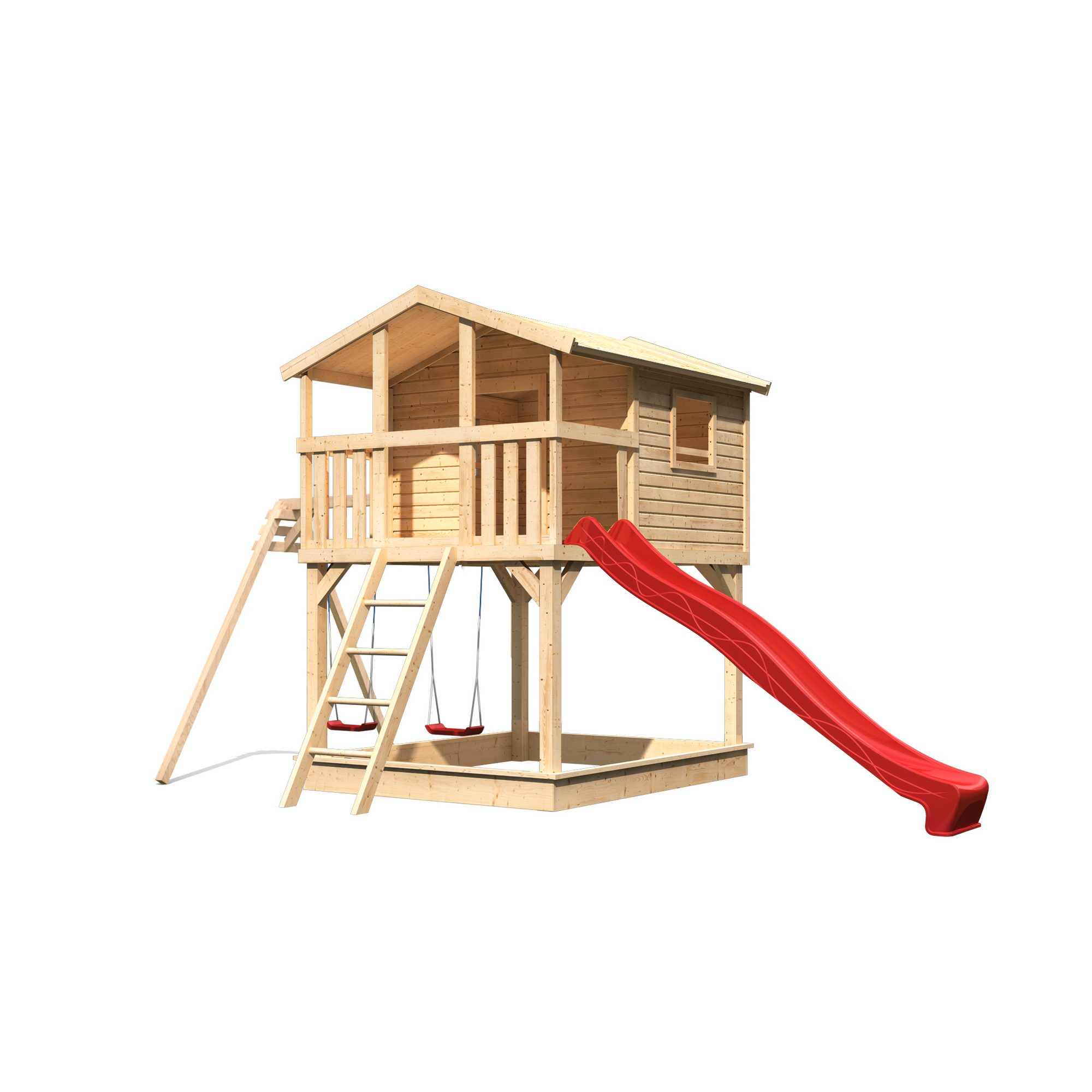 Stelzenhaus 'Ciana' naturbelassen mit Doppelschaukel, Rutsche rot 680 x 264 x 309 cm