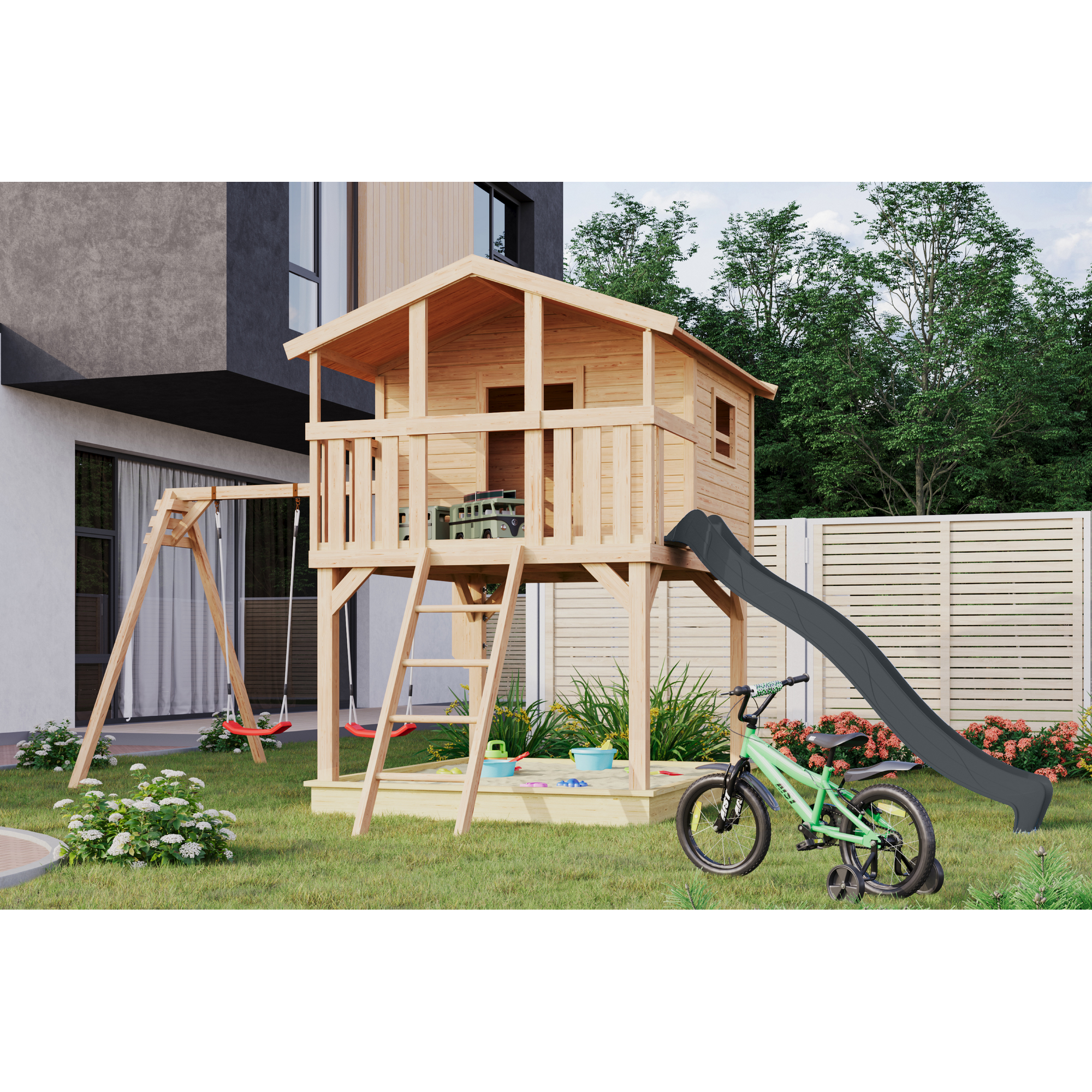 Stelzenhaus 'Ciana' naturbelassen mit Doppelschaukel, Rutsche anthrazit 680 x 264 x 309 cm