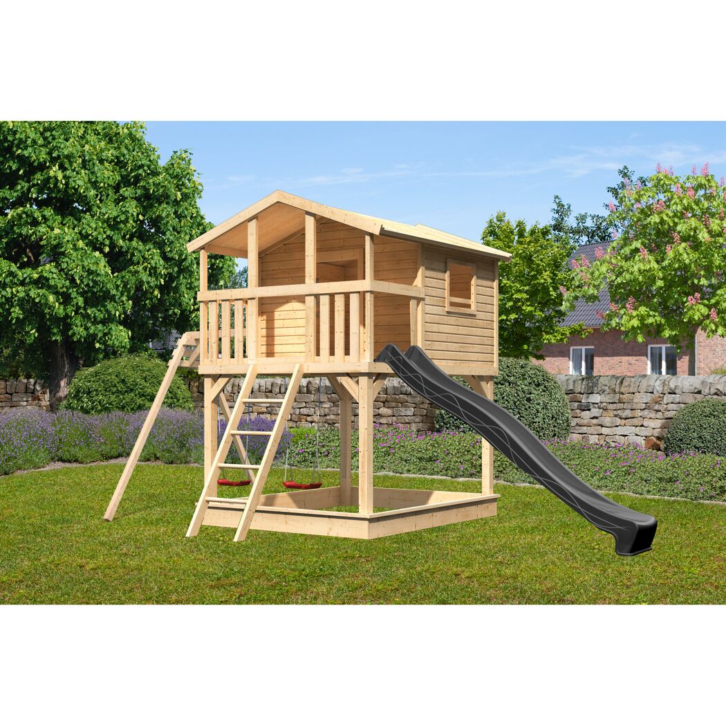 Stelzenhaus 'Ciana' naturbelassen mit Doppelschaukel, Rutsche anthrazit 680 x 264 x 309 cm