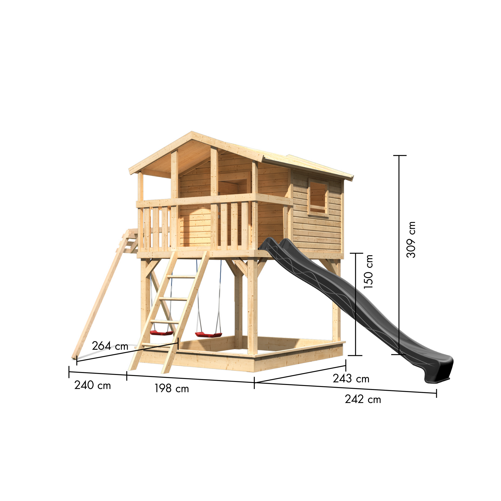 Stelzenhaus 'Ciana' naturbelassen mit Doppelschaukel, Rutsche anthrazit 680 x 264 x 309 cm