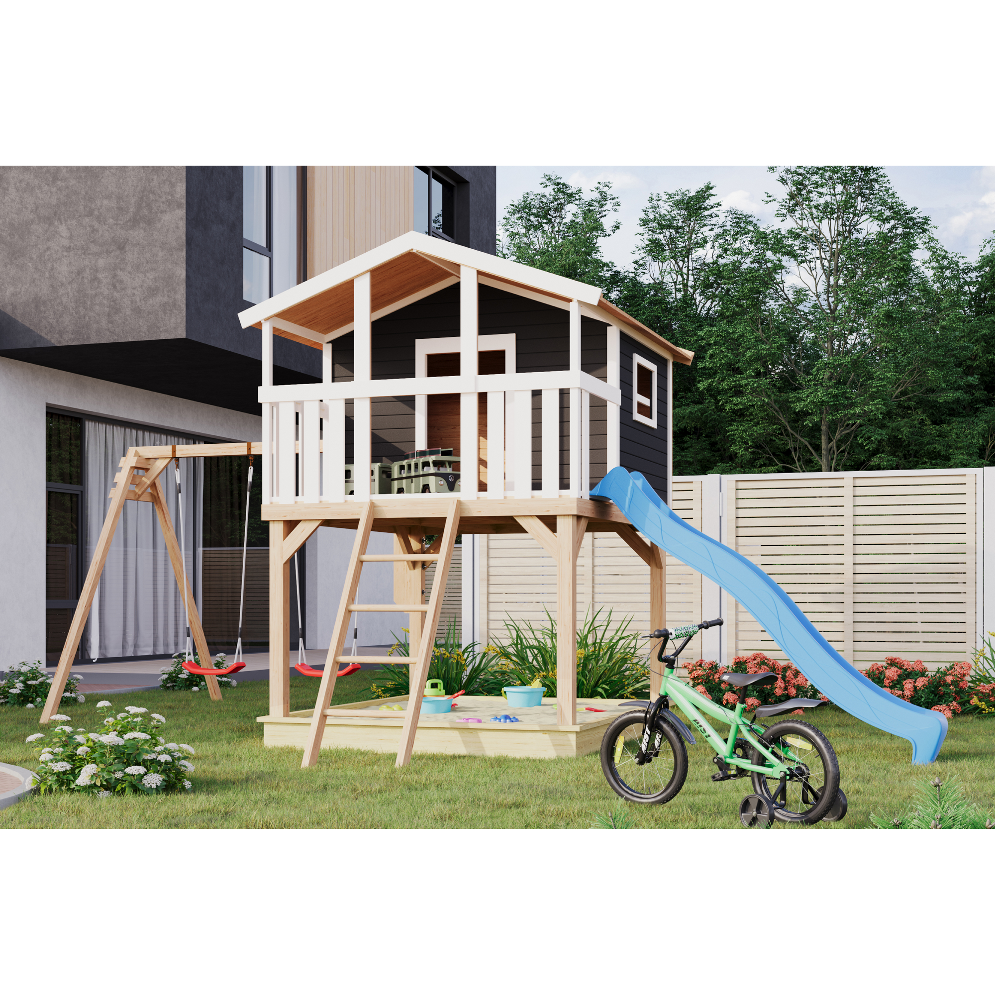 Stelzenhaus 'Ciana' terragrau mit Doppelschaukel, Rutsche blau 680 x 264 x 309 cm