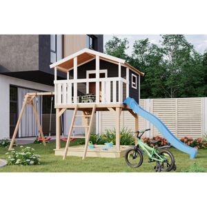 Stelzenhaus 'Ciana' terragrau mit Doppelschaukel, Rutsche blau 680 x 264 x 309 cm