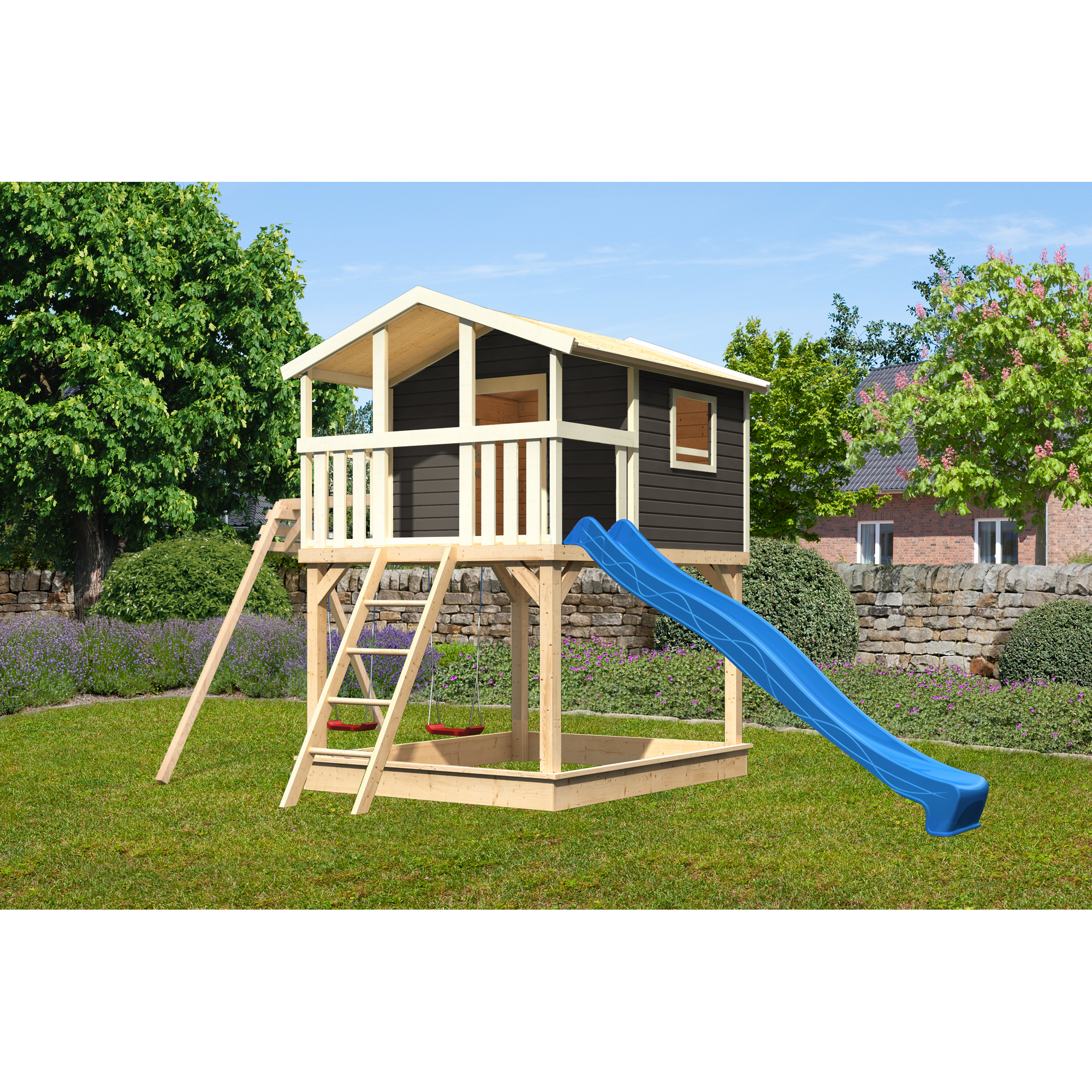 Stelzenhaus 'Ciana' terragrau mit Doppelschaukel, Rutsche blau 680 x 264 x 309 cm