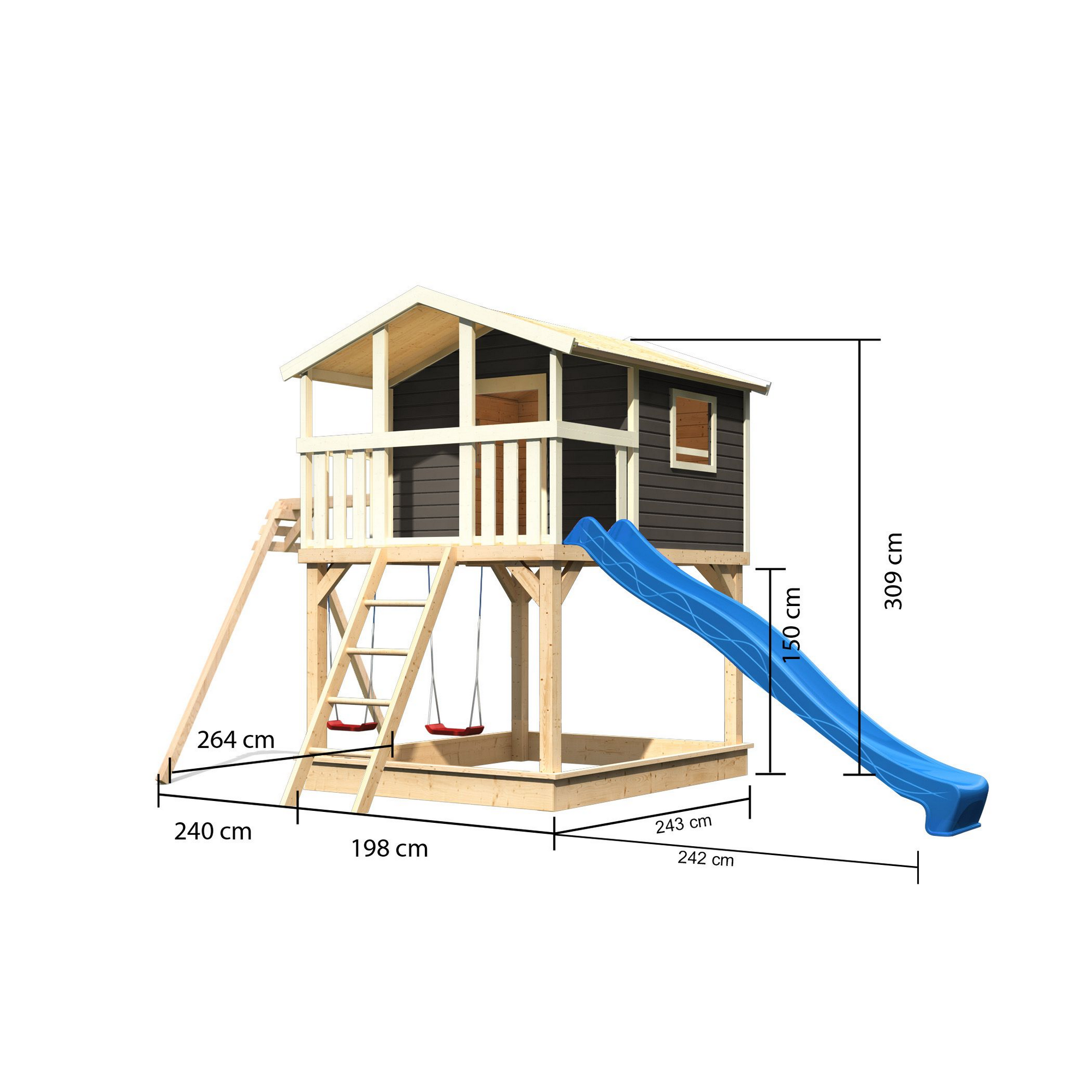 Stelzenhaus 'Ciana' terragrau mit Doppelschaukel, Rutsche blau 680 x 264 x 309 cm