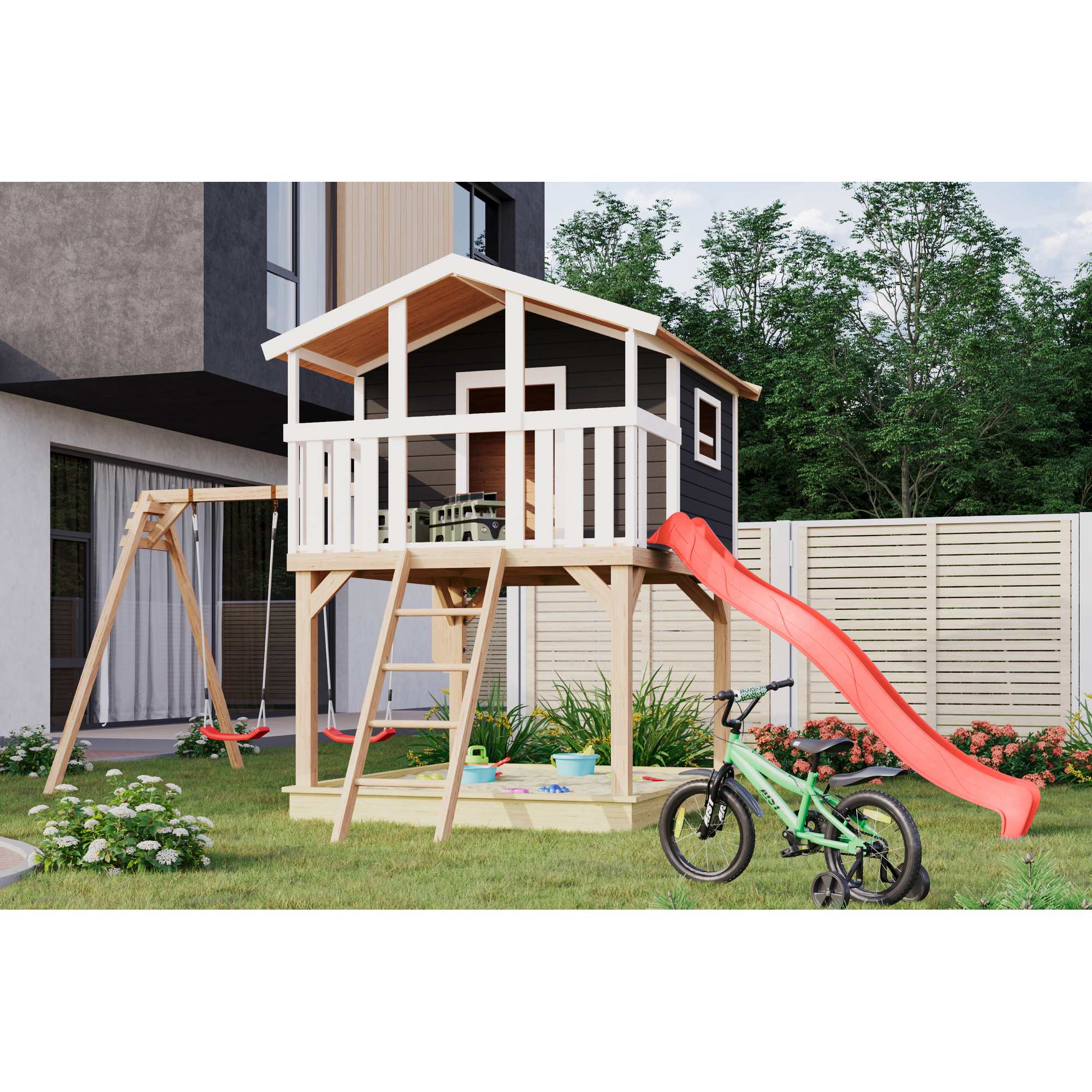 Stelzenhaus 'Ciana' terragrau mit Doppelschaukel, Rutsche rot 680 x 264 x 309 cm