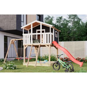 Stelzenhaus 'Ciana' terragrau mit Doppelschaukel, Rutsche rot 680 x 264 x 309 cm