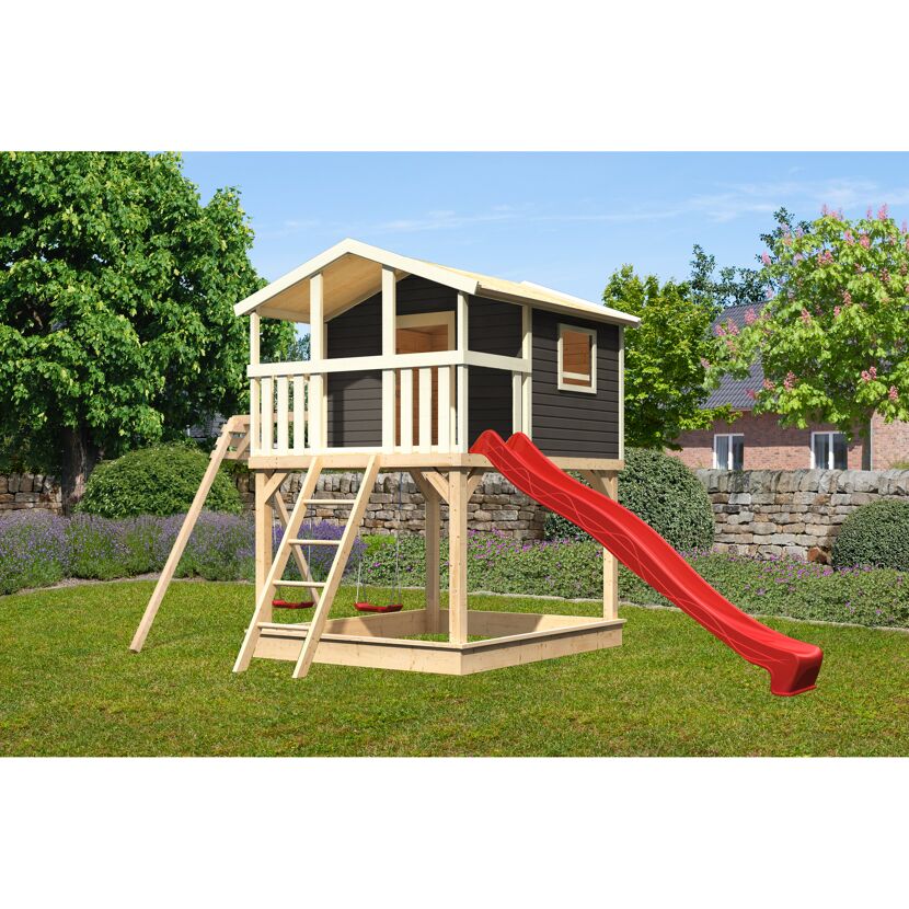 Stelzenhaus 'Ciana' terragrau mit Doppelschaukel, Rutsche rot 680 x 264 x 309 cm