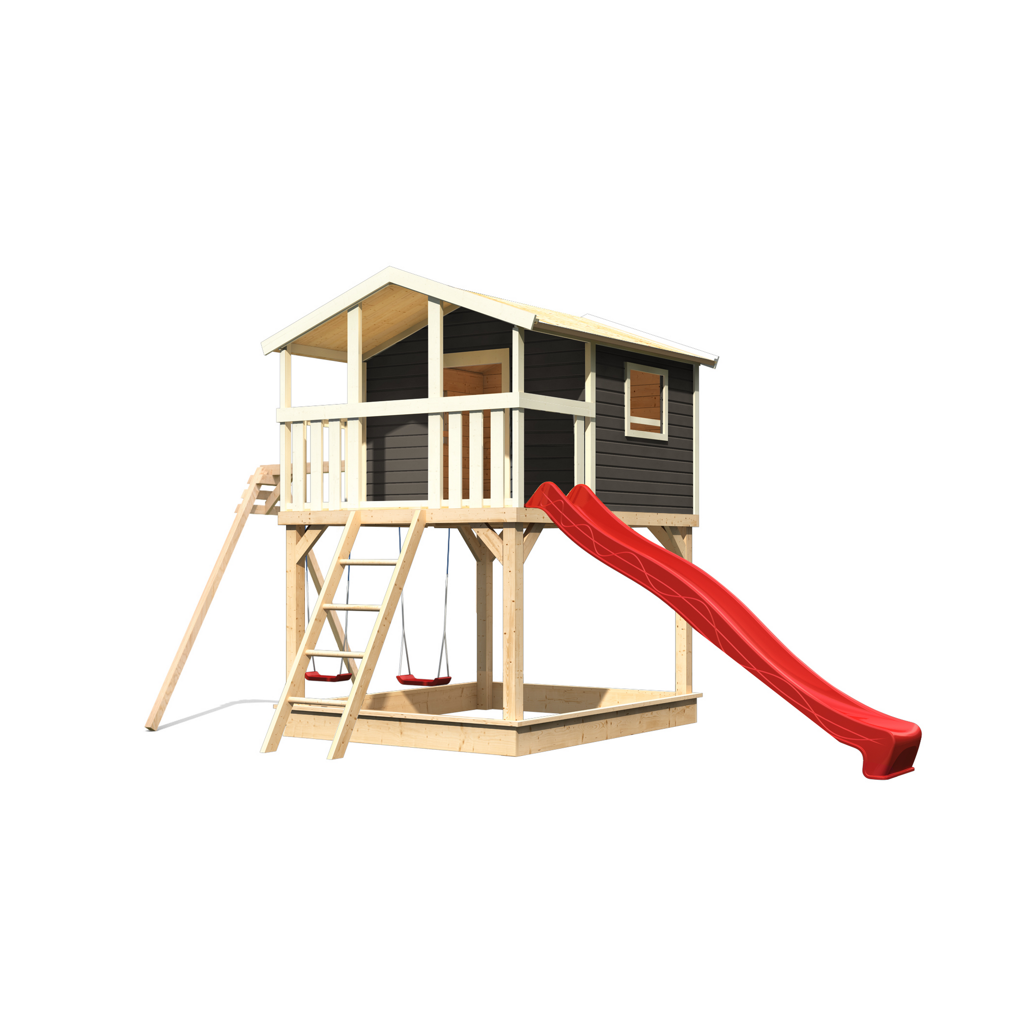Stelzenhaus 'Ciana' terragrau mit Doppelschaukel, Rutsche rot 680 x 264 x 309 cm