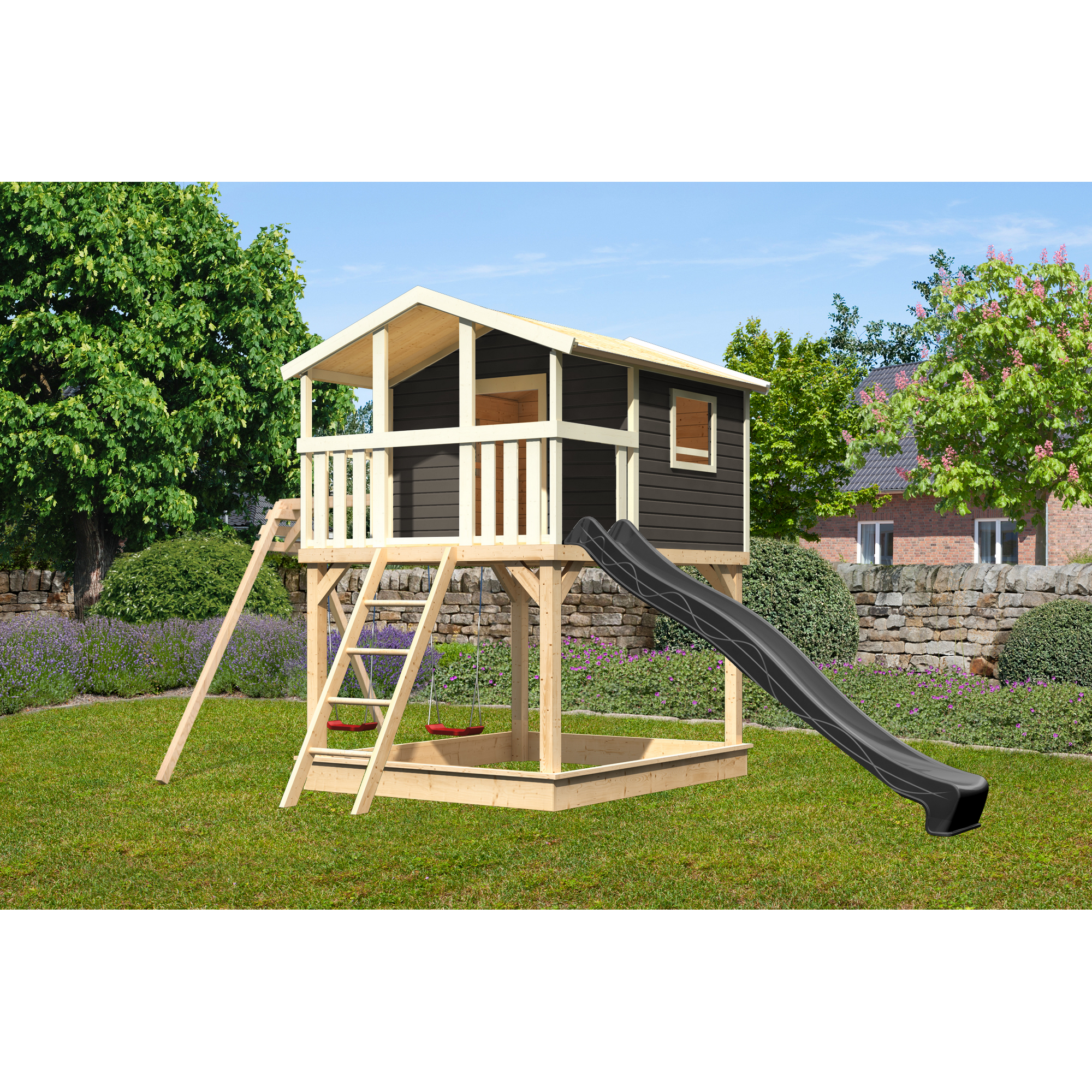 Stelzenhaus 'Ciana' terragrau mit Doppelschaukel, Rutsche anthrazit 680 x 264 x 309 cm