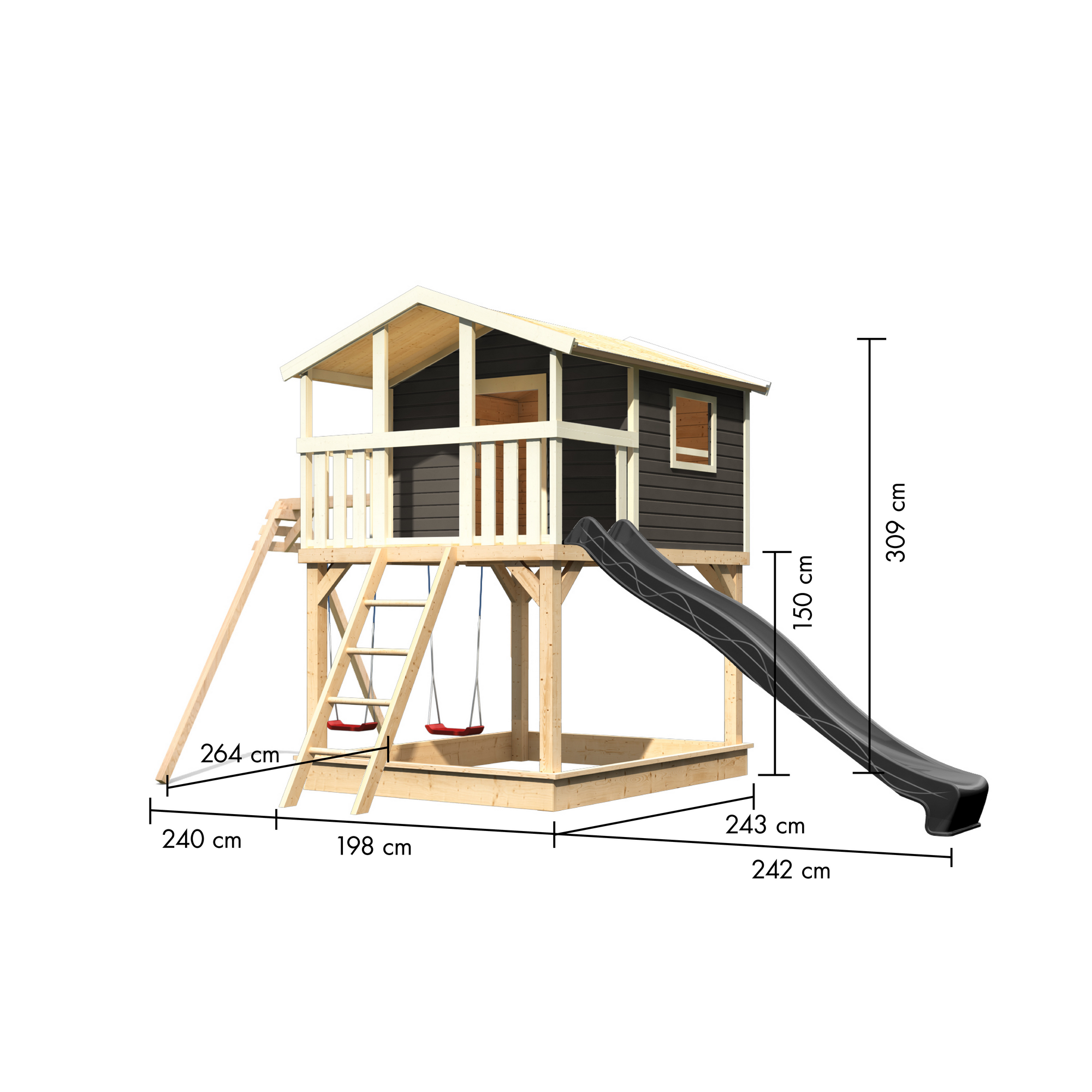 Stelzenhaus 'Ciana' terragrau mit Doppelschaukel, Rutsche anthrazit 680 x 264 x 309 cm