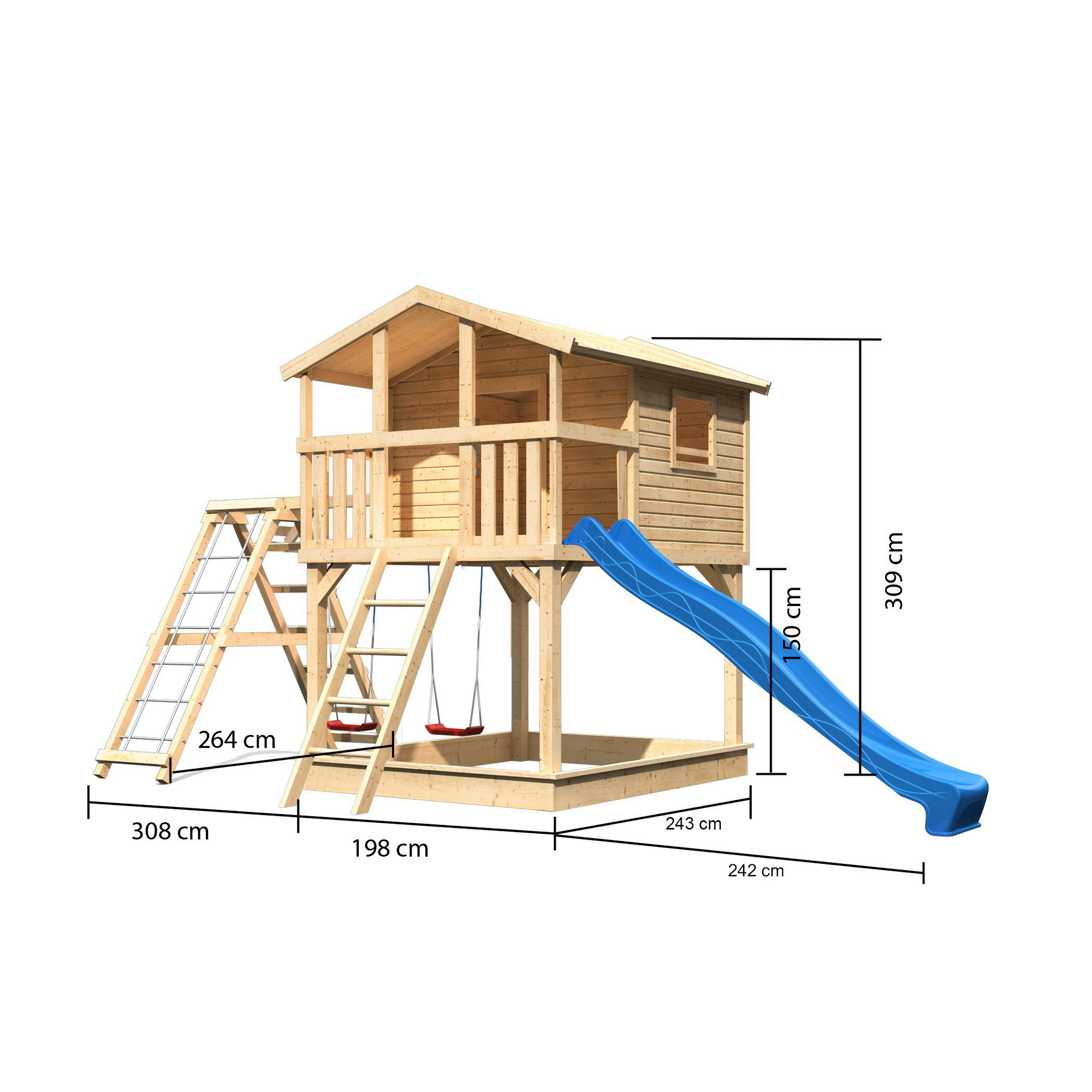Stelzenhaus 'Ciana' naturbelassen mit Doppelschaukel, Wellenrutsche blau 748 x 264 x 309 cm