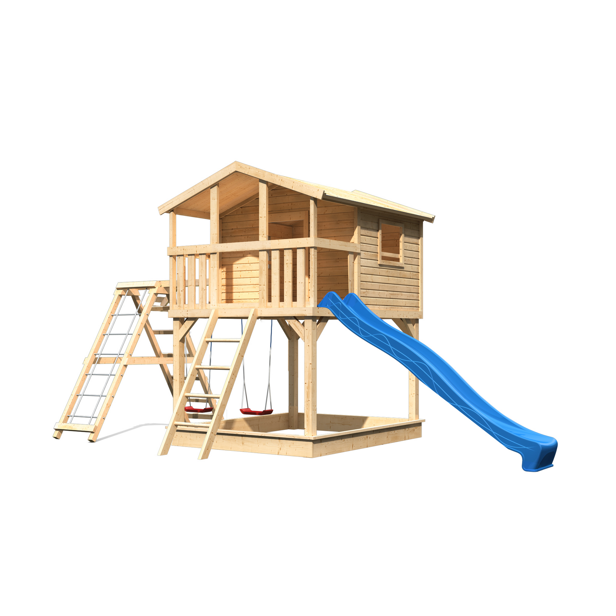 Stelzenhaus 'Ciana' naturbelassen mit Doppelschaukel, Wellenrutsche blau 748 x 264 x 309 cm