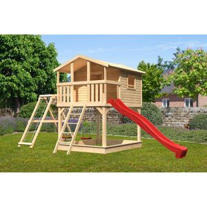Stelzenhaus 'Ciana' naturbelassen mit Doppelschaukel, Wellenrutsche rot 748 x 264 x 309 cm