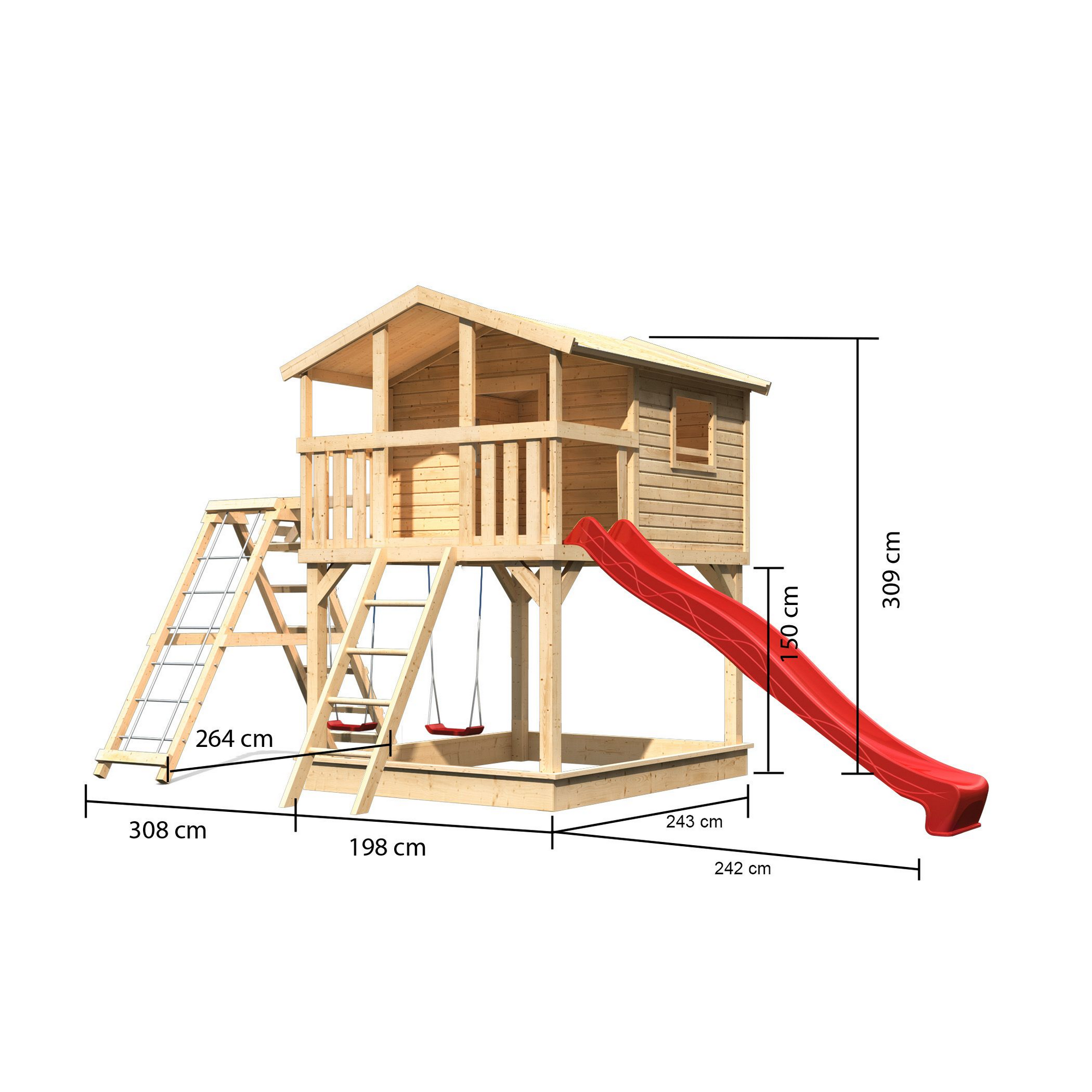Stelzenhaus 'Ciana' naturbelassen mit Doppelschaukel, Wellenrutsche rot 748 x 264 x 309 cm