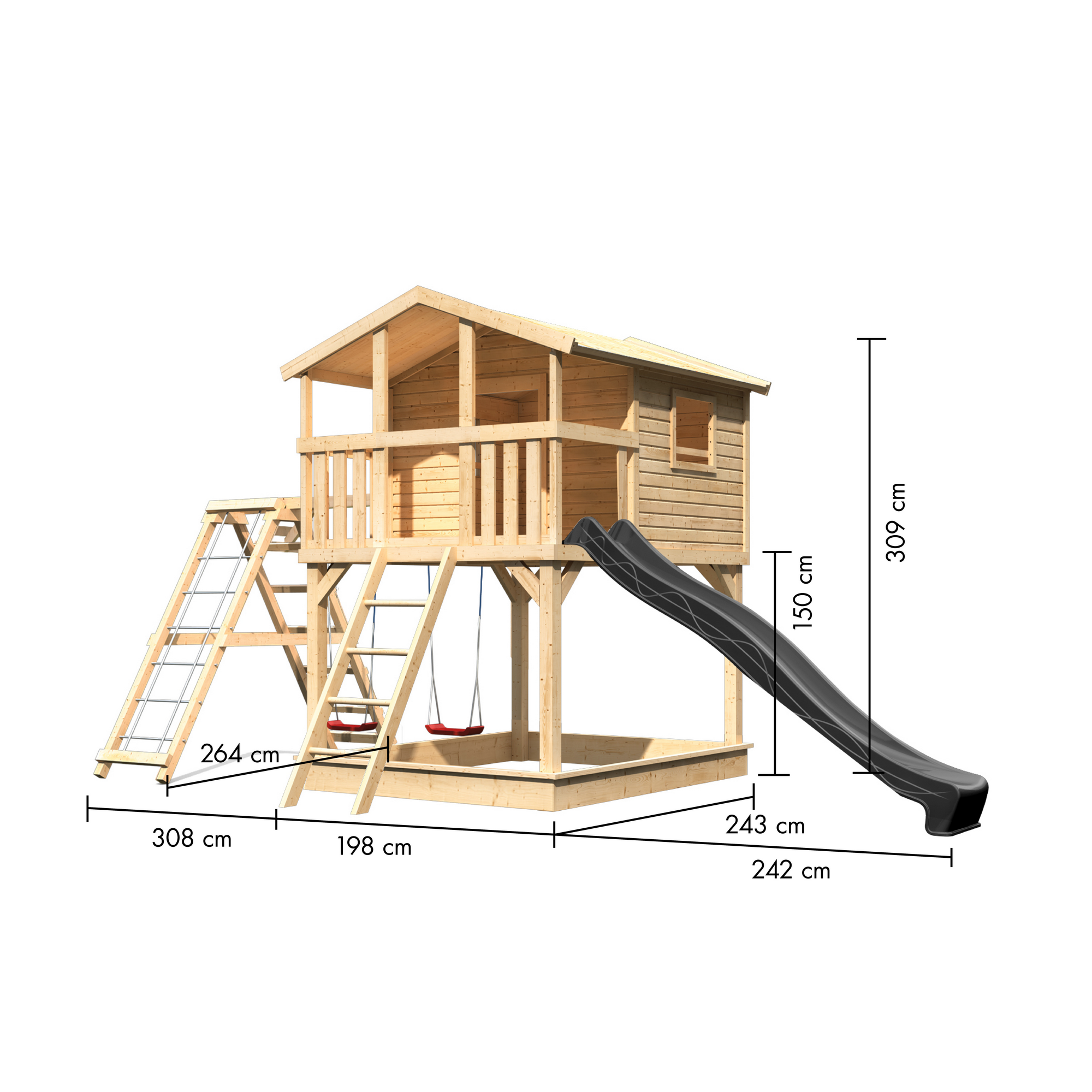 Stelzenhaus 'Ciana' naturbelassen mit Doppelschaukel, Rutsche anthrazit 680 x 264 x 309 cm