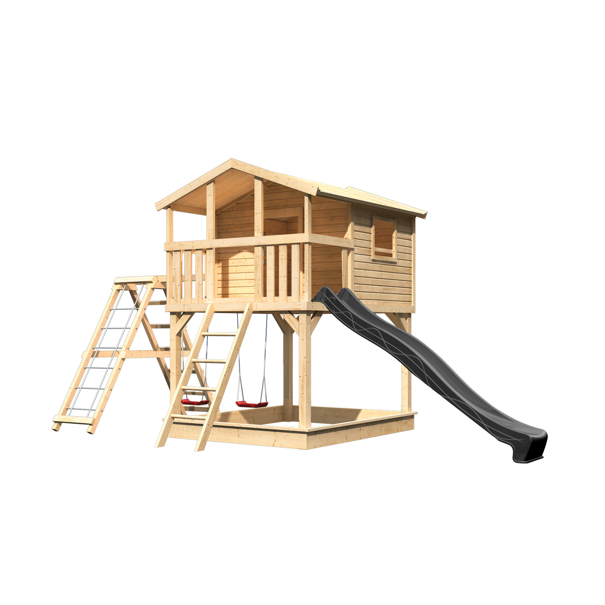 Stelzenhaus 'Ciana' naturbelassen mit Doppelschaukel, Rutsche anthrazit 680 x 264 x 309 cm