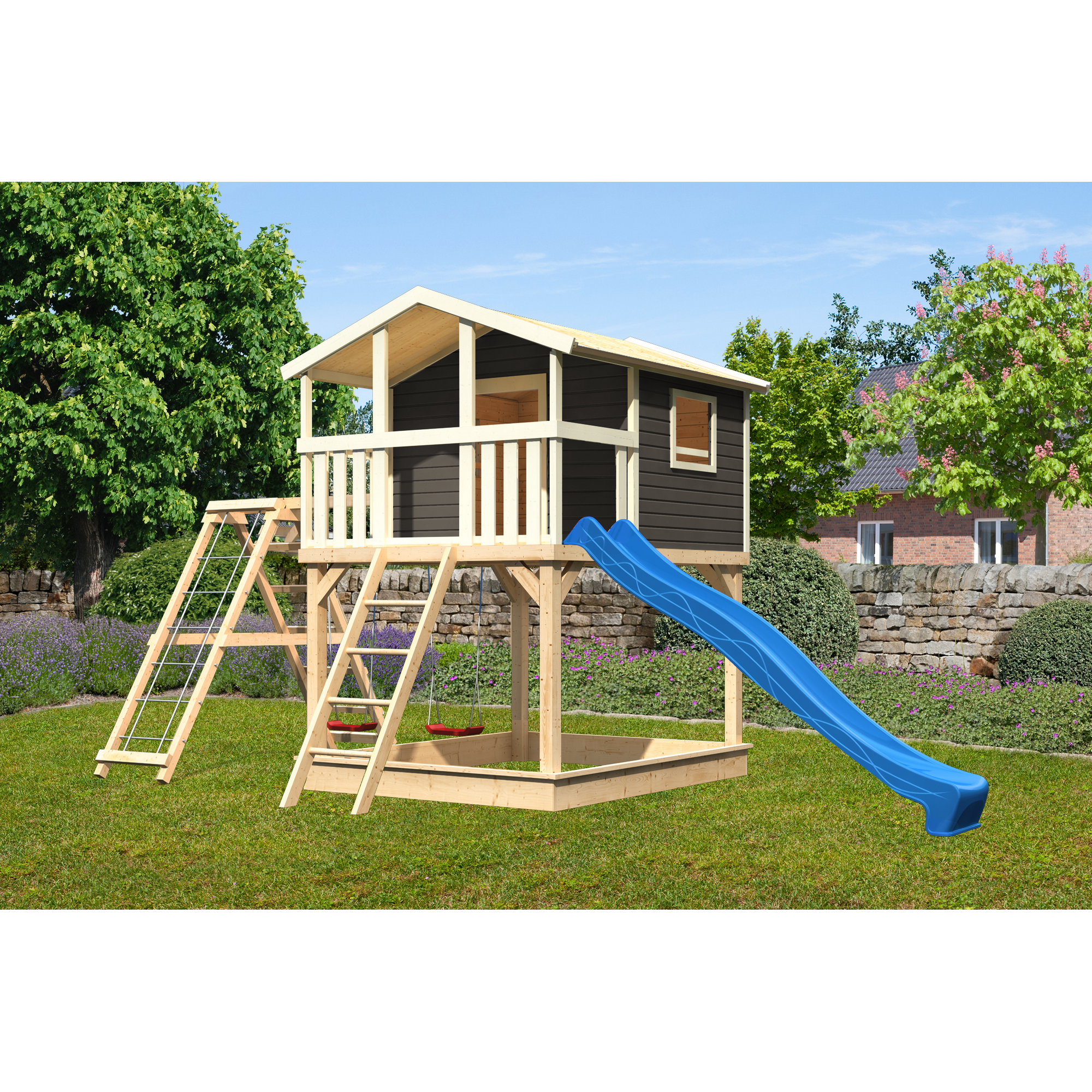 Stelzenhaus 'Ciana' terragrau mit Doppelschaukel, Rutsche blau 748 x 264 x 309 cm