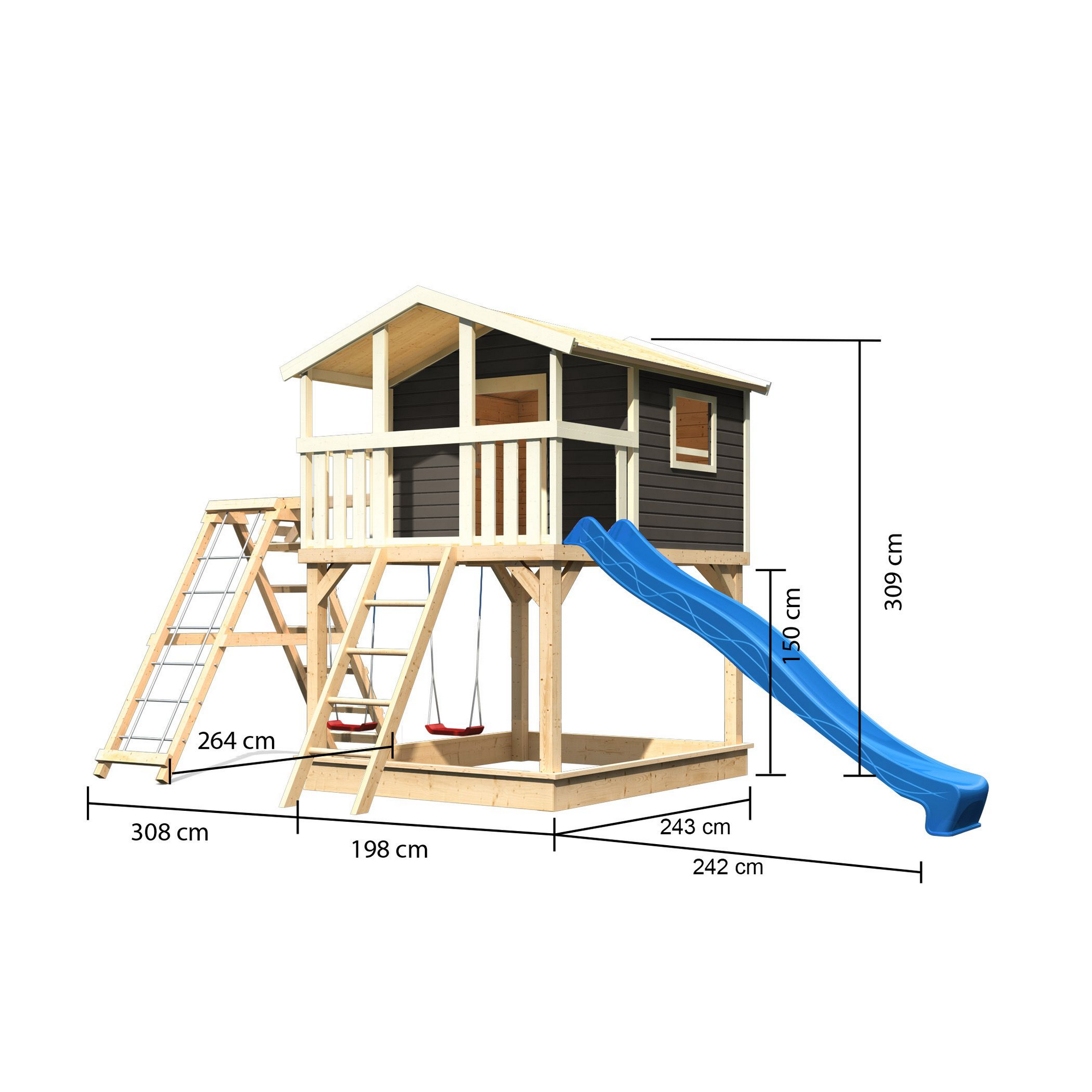 Stelzenhaus 'Ciana' terragrau mit Doppelschaukel, Rutsche blau 748 x 264 x 309 cm