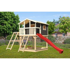 Stelzenhaus 'Ciana' terragrau mit Doppelschaukel, Rutsche rot 748 x 264 x 309 cm