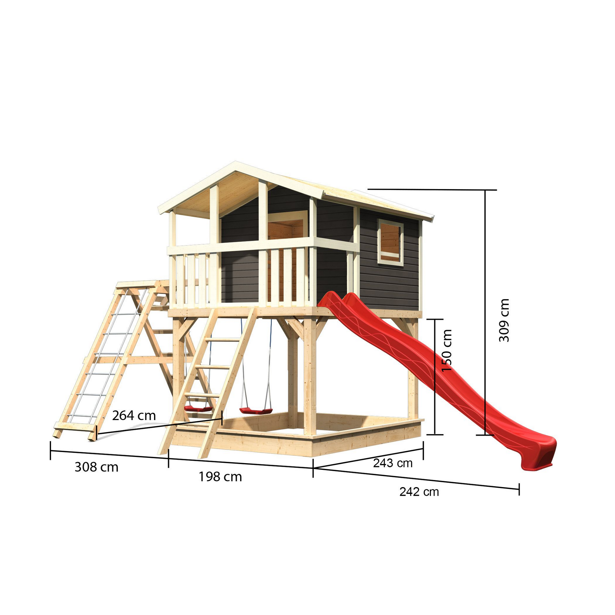 Stelzenhaus 'Ciana' terragrau mit Doppelschaukel, Rutsche rot 748 x 264 x 309 cm