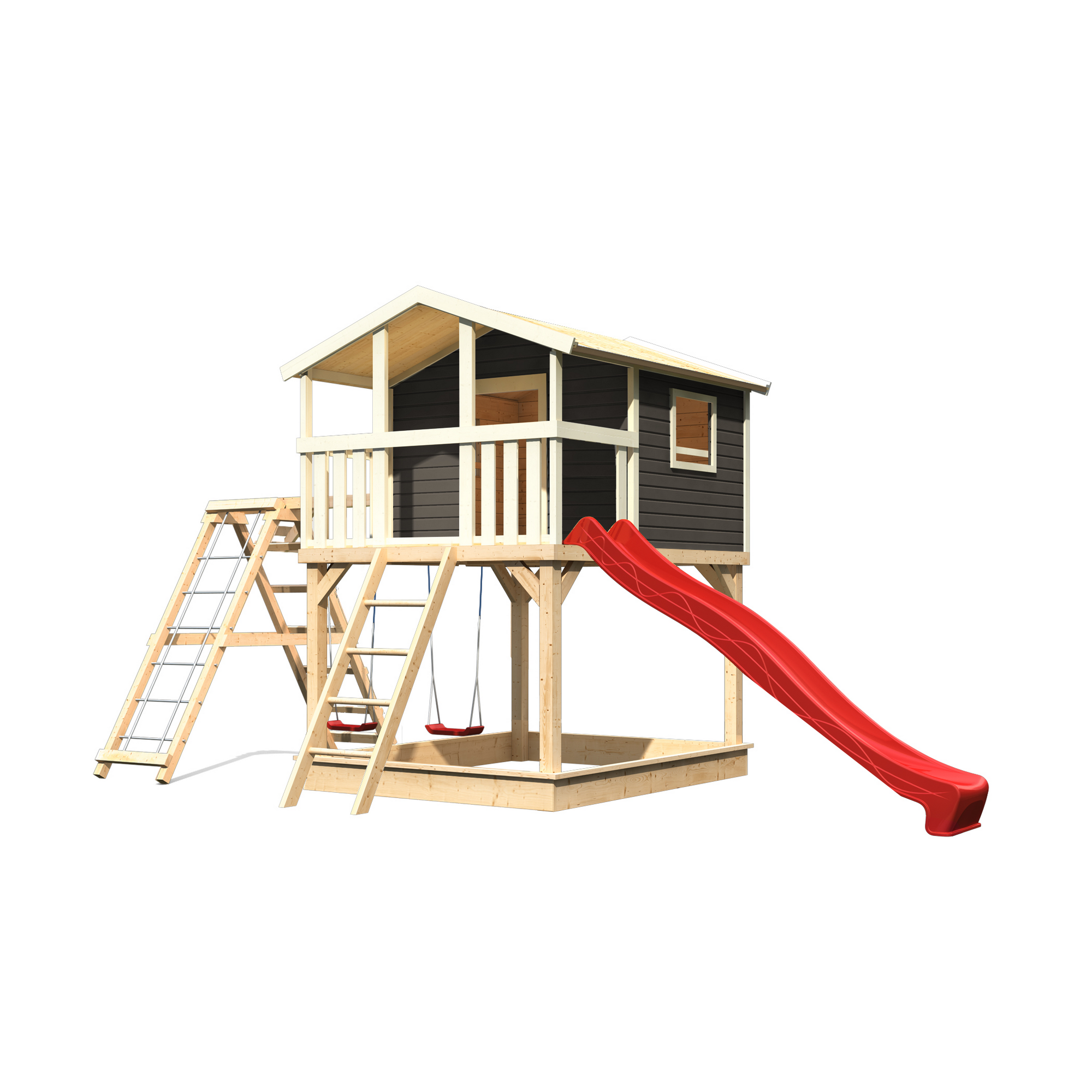Stelzenhaus 'Ciana' terragrau mit Doppelschaukel, Rutsche rot 748 x 264 x 309 cm